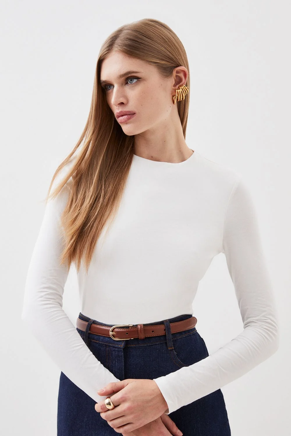 Stretch Cotton Crew Neck Long Sleeve Top - 1