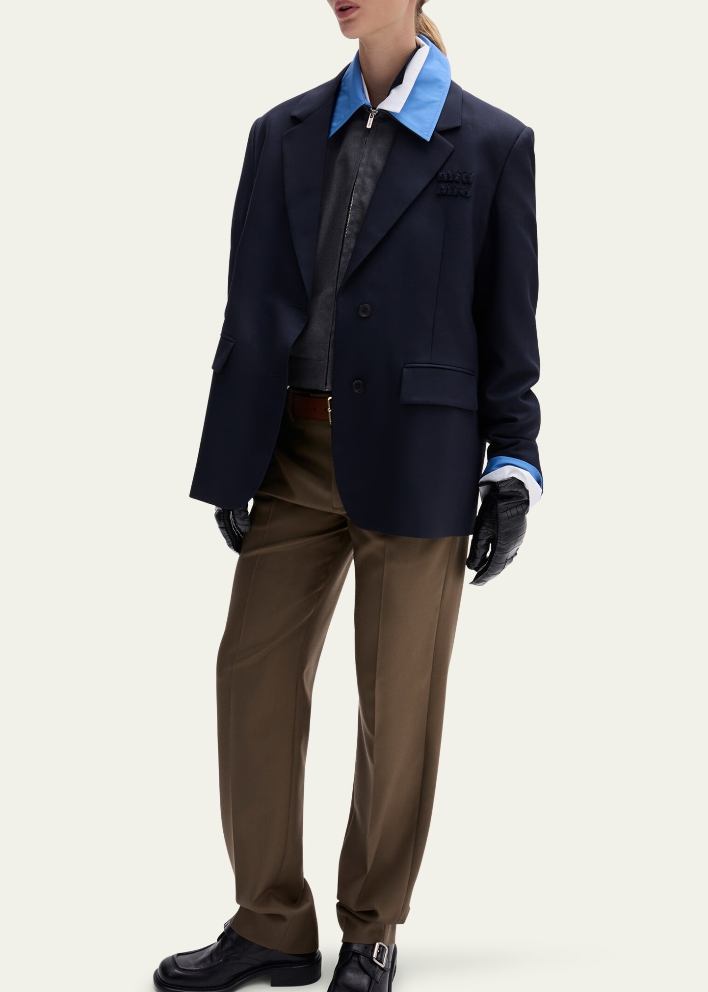 Logo Embroidered Oversized Wool Blazer Jacket - 4