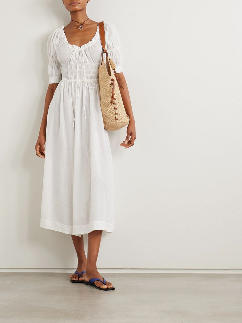 DÔEN Ischia shirred organic cotton-blend voile midi dress White outlook