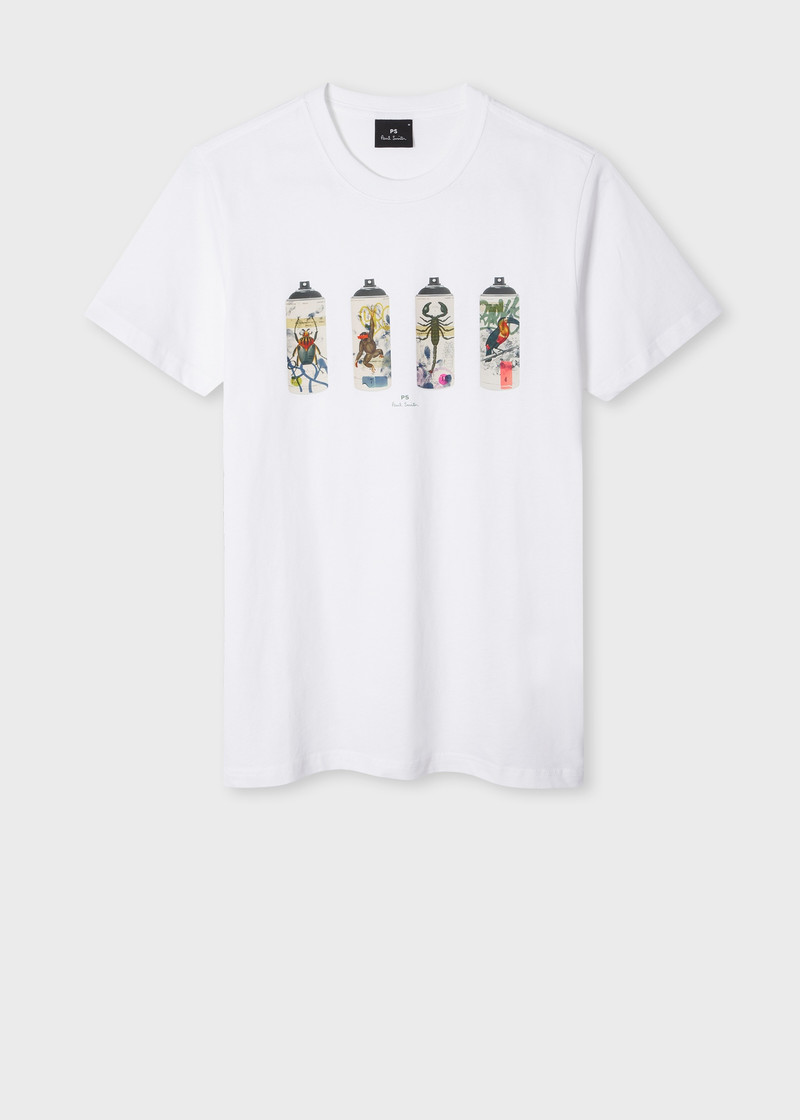 Slim-Fit White 'Spray Cans' Print T-Shirt 1