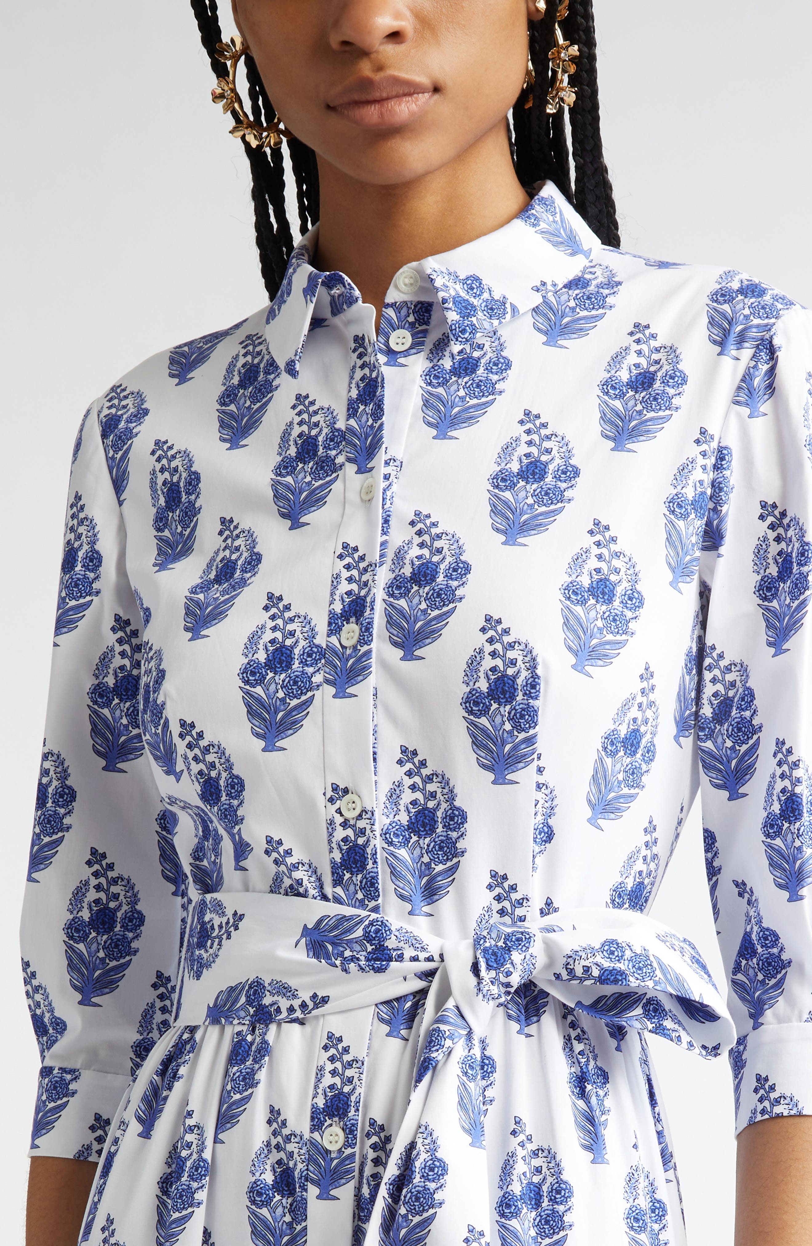 Carolina Herrera Floral Print Tiered Stretch Cotton Shirtdress in White Multi at Nordstrom - 4