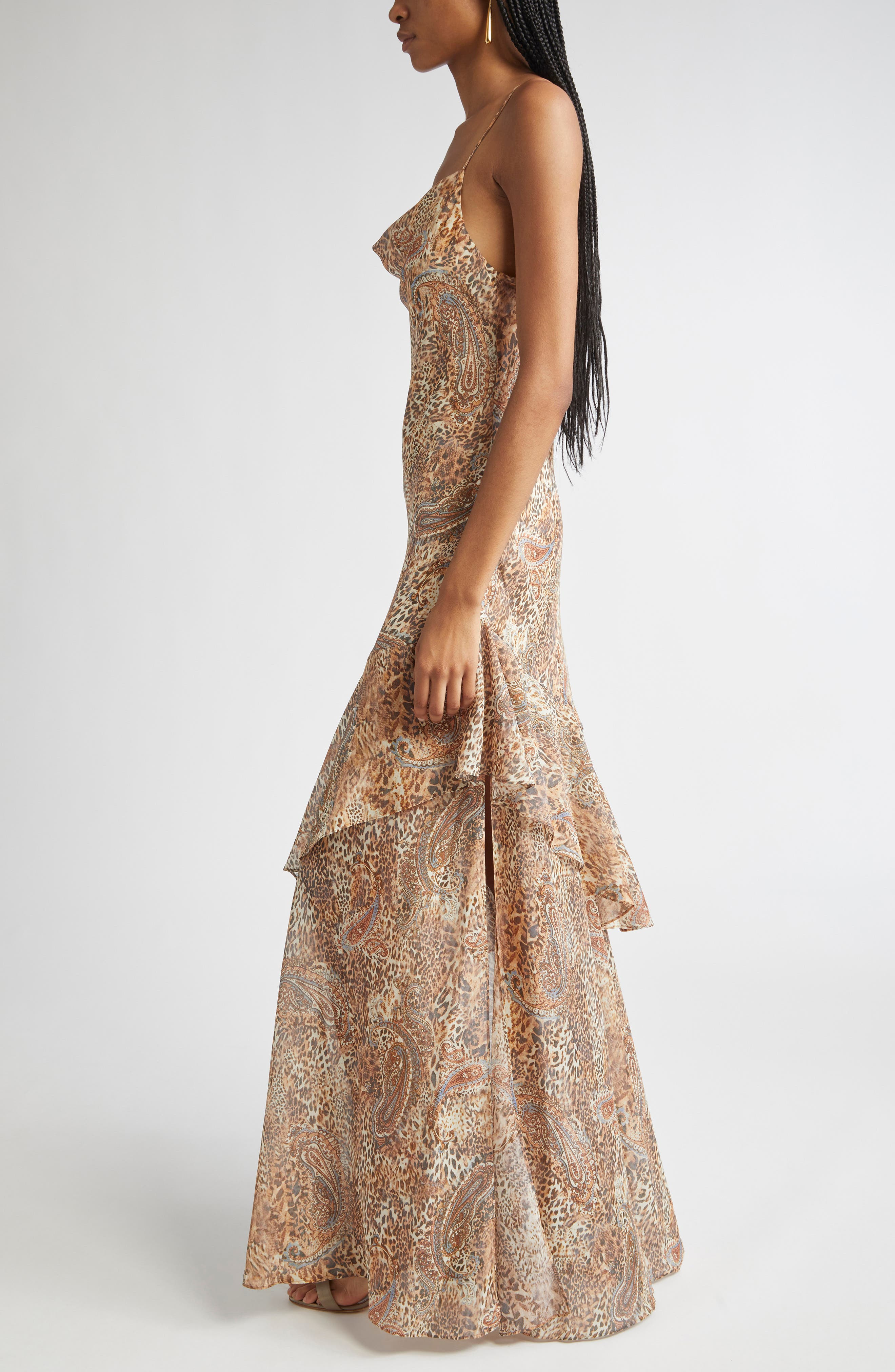 L'AGENCE Viola Mixed Print Tiered Silk Gown in Brown/Blue Valencia Leopard at Nordstrom - 3