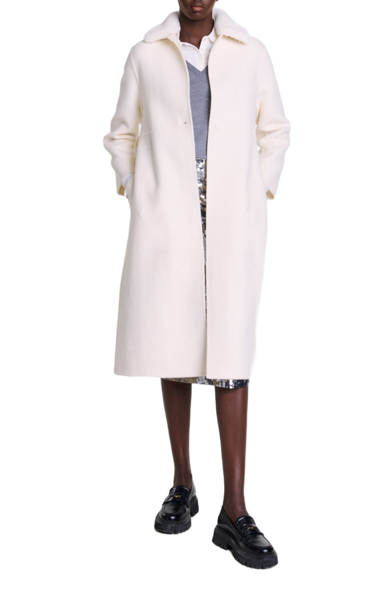 maje Wool coat with removable collar in Ecru at Nordstrom - 1