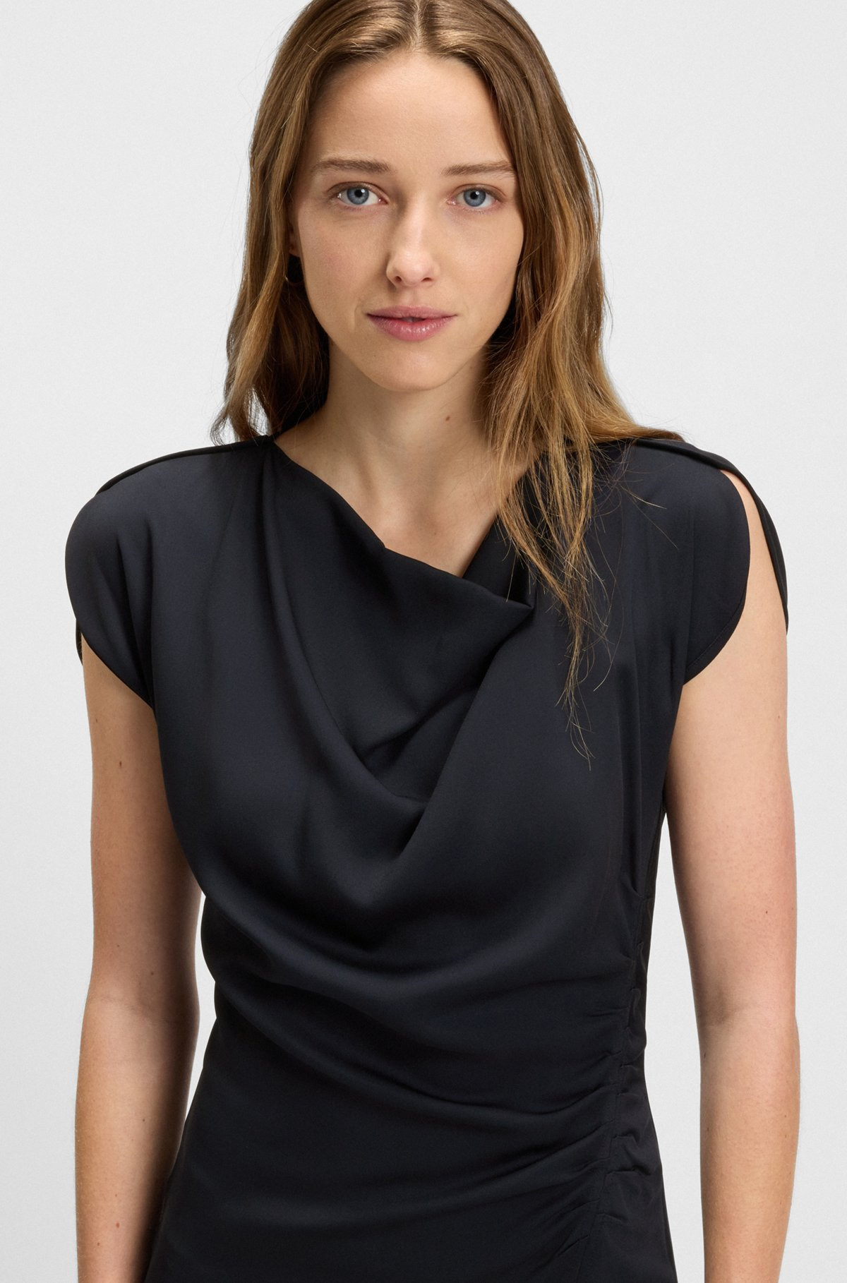 DRAPE-NECKLINE DRESS WITH GATHERED DETAIL - 5