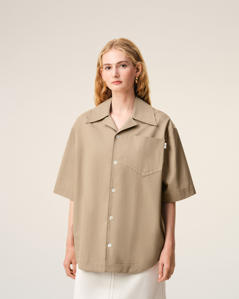 BEIGE COTTON SHORT SLEEVE CAMP COLLAR WIDE SHIRT 3
