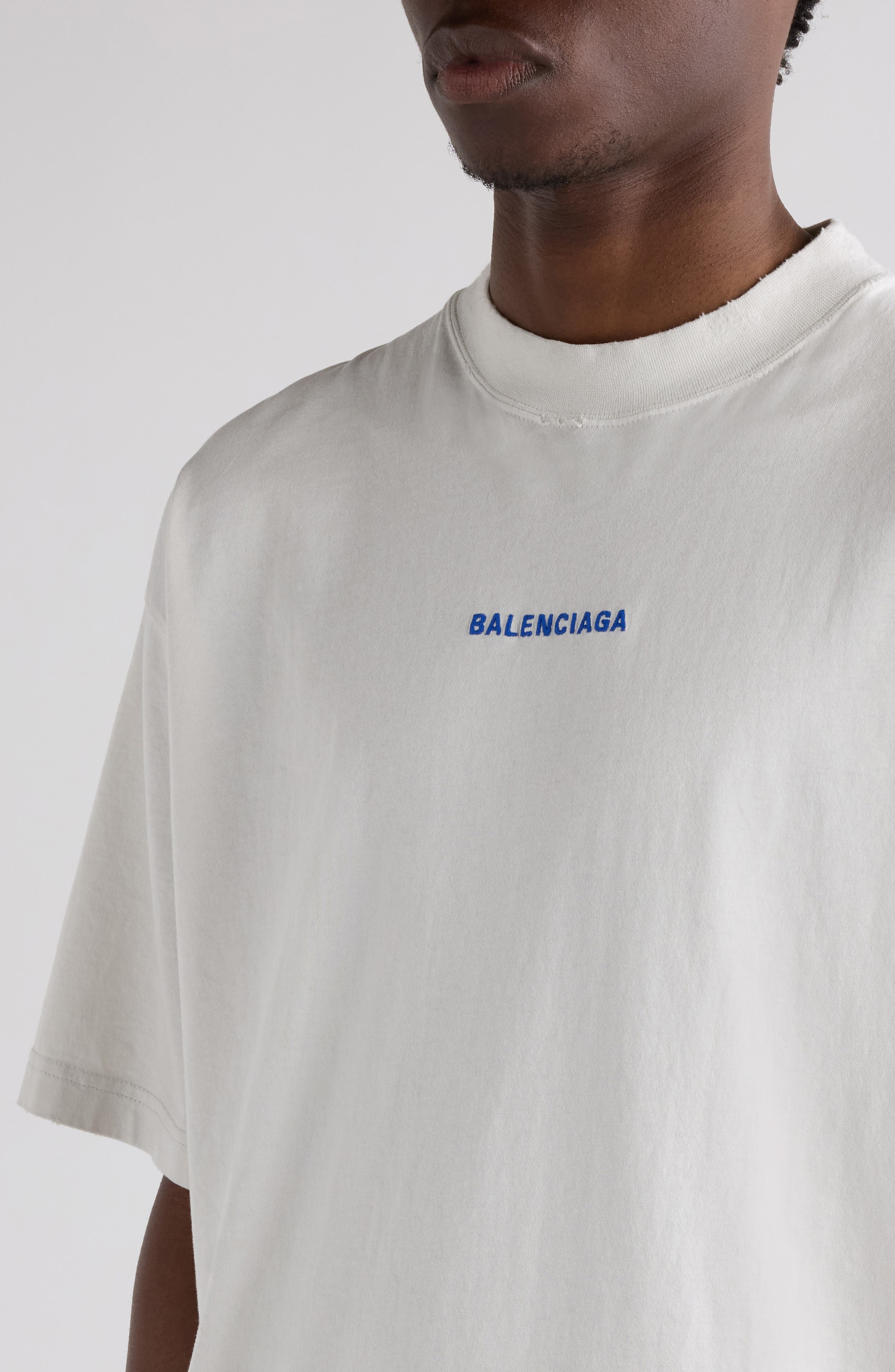 Balenciaga Medium Fit Distressed Logo T-Shirt in 8016 Dirty Wht/Sport Blue at Nordstrom - 4