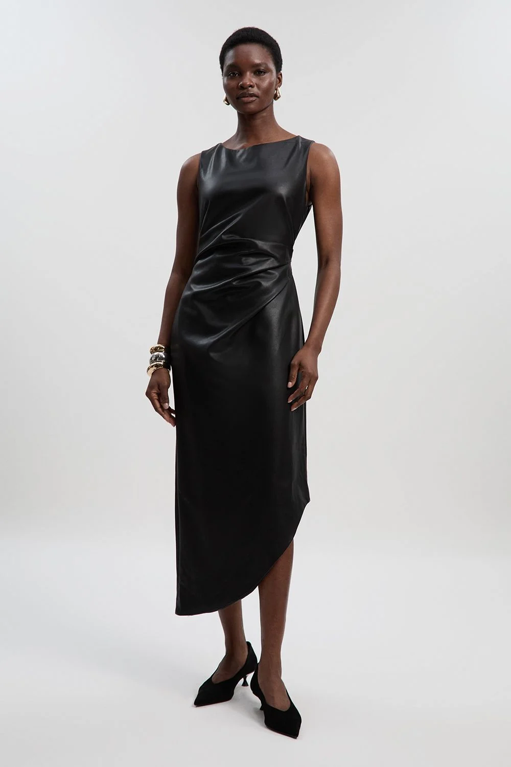 Faux Leather Ruched Asymmetric Pencil Dress - 1