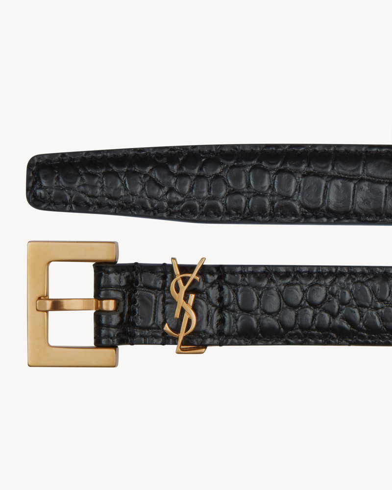 SAINT LAURENT narrow monogram belt with square buckle in crocodile embossed leather outlook