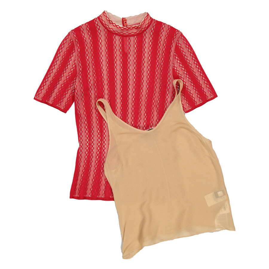 Fendi Ladies Short Sleeve Lace Embroidered Top - 2
