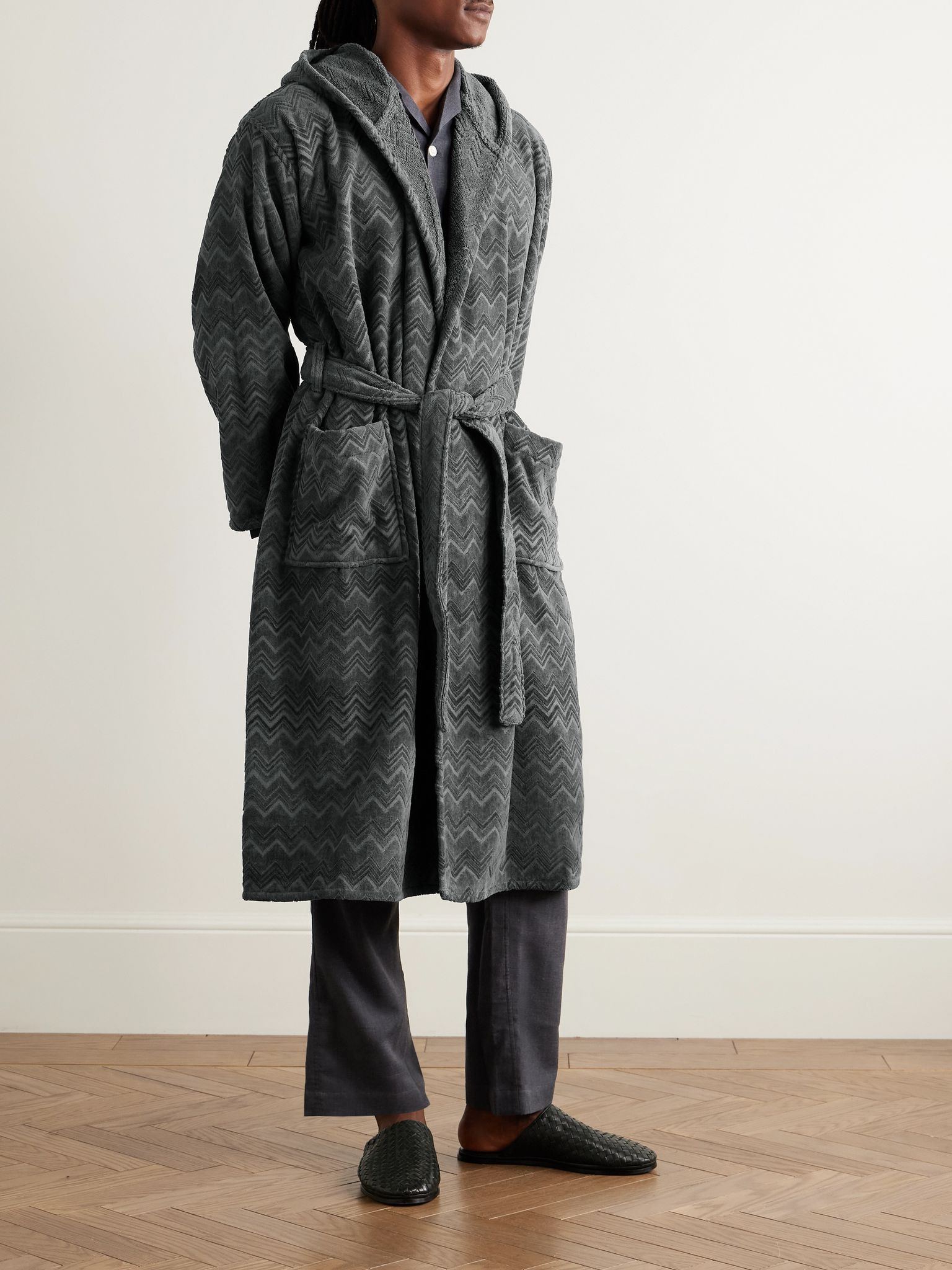 Chalk Striped Cotton-Terry Jacquard Hooded Robe Gray - 2