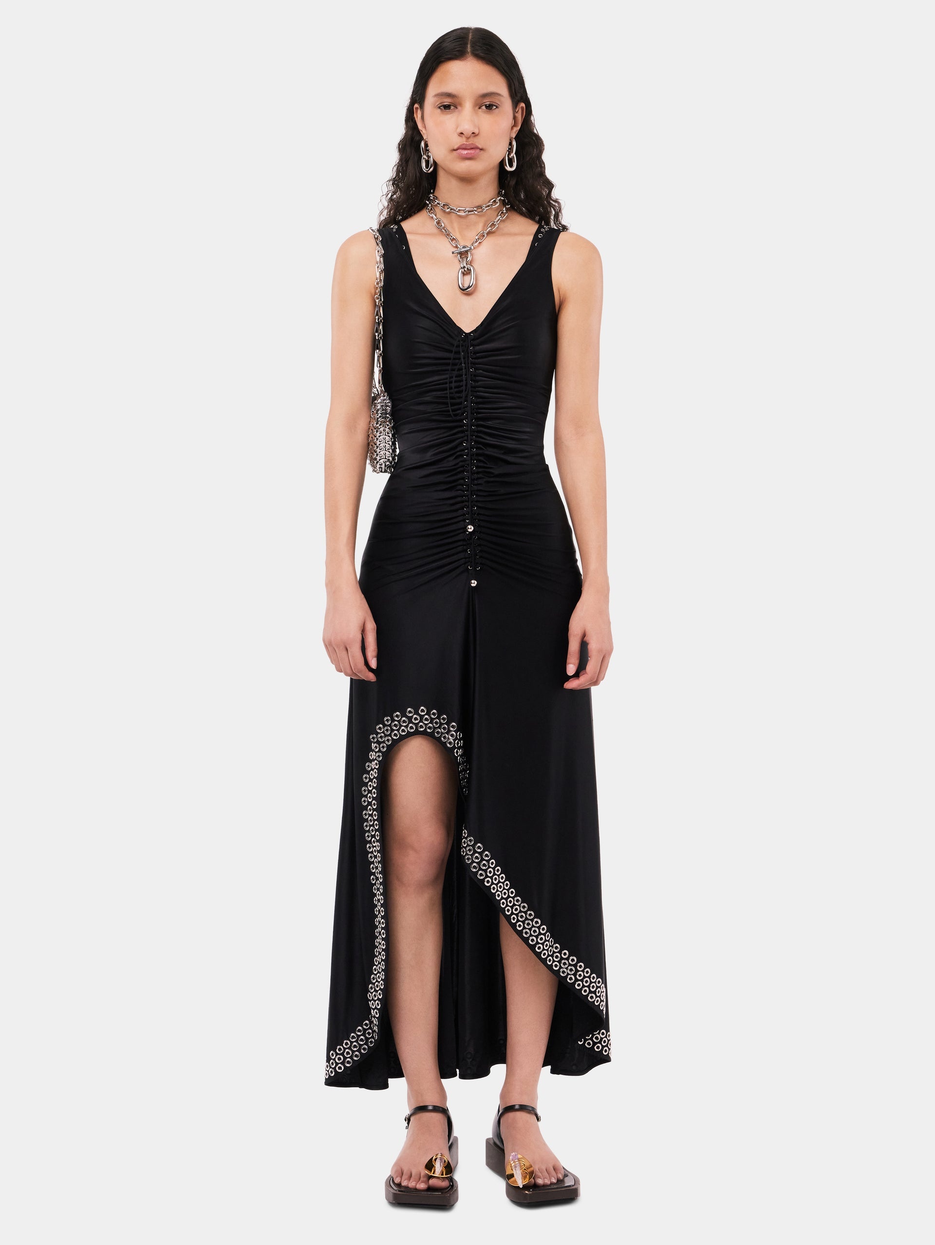 LONG BLACK DRESS WITH EMBROIDERED METALLIC EYELETS - 2