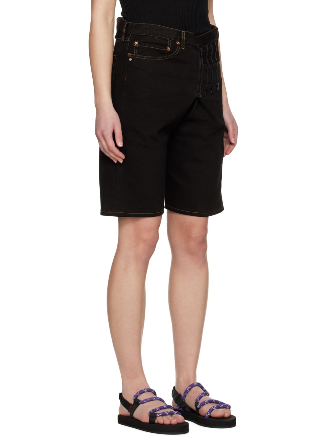Black Upcycled Denim Shorts - 2