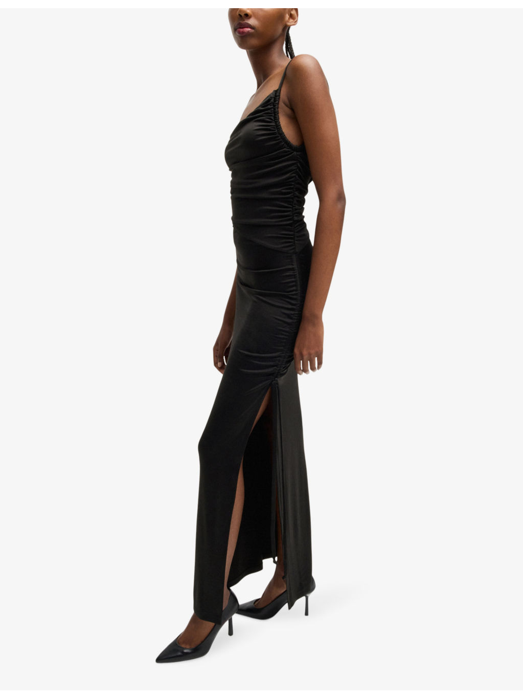 Asymmetric-neckline ruching stretch-woven maxi dress - 3