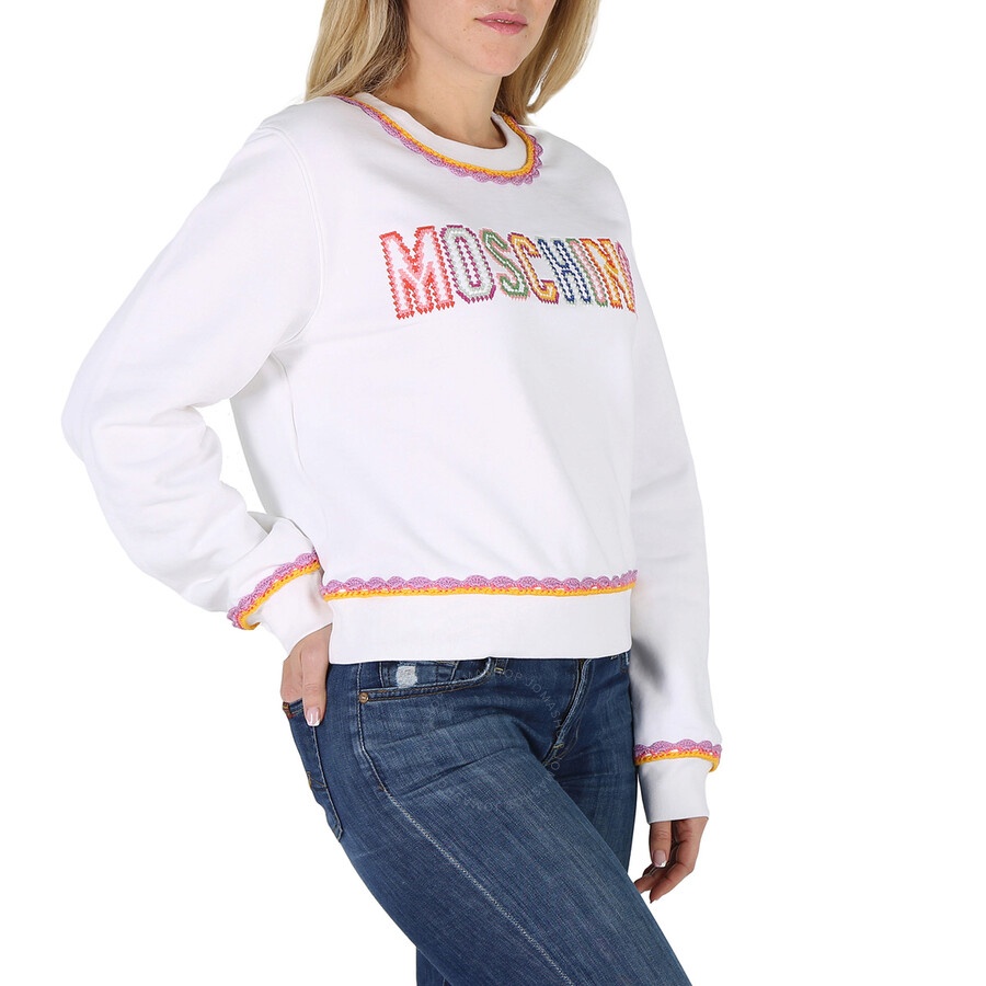 Moschino Fantasy Print White Crochet Details Cotton Sweatshirt - 4