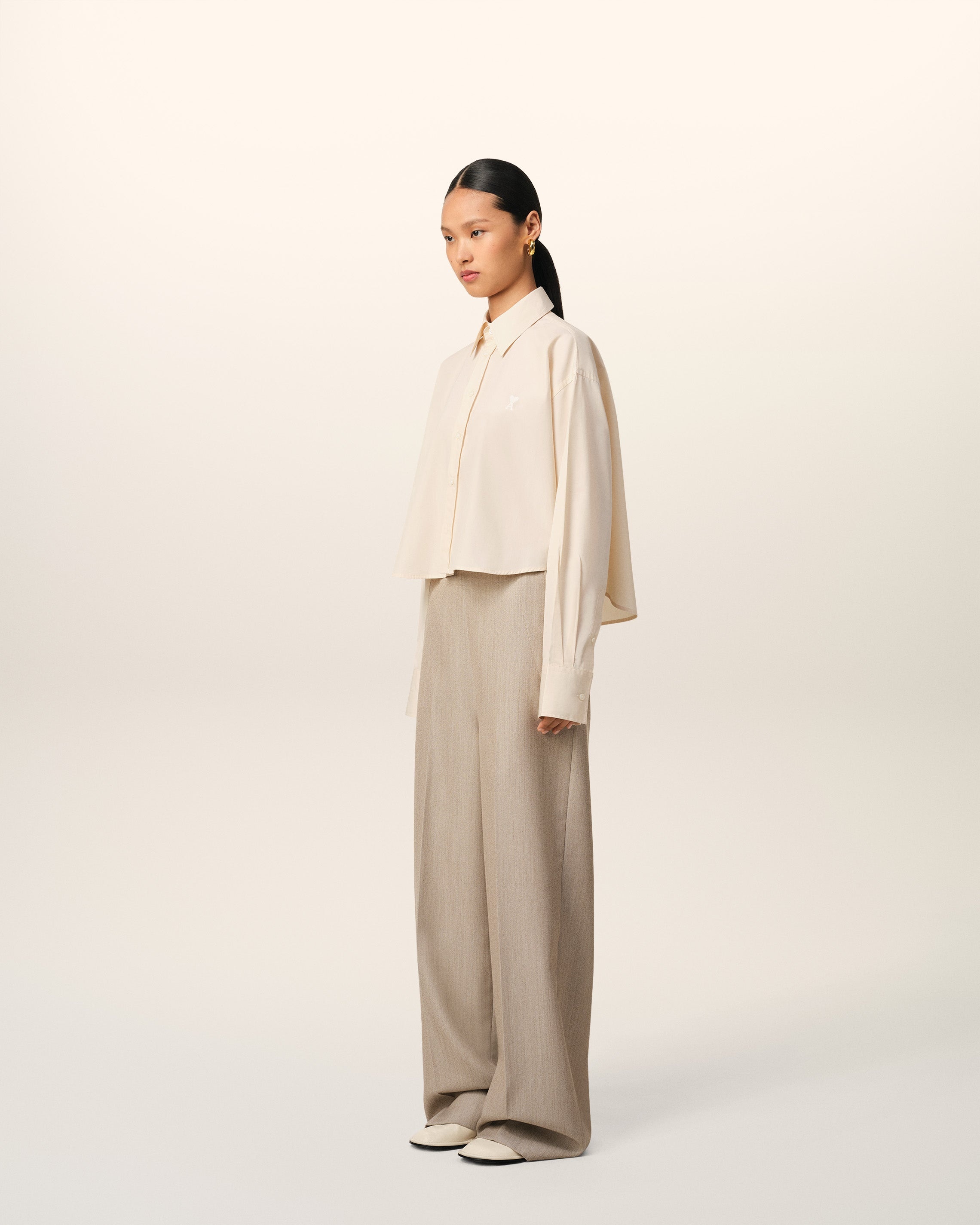 BEIGE COTTON CROPPED OVERSIZED SHIRT - 6