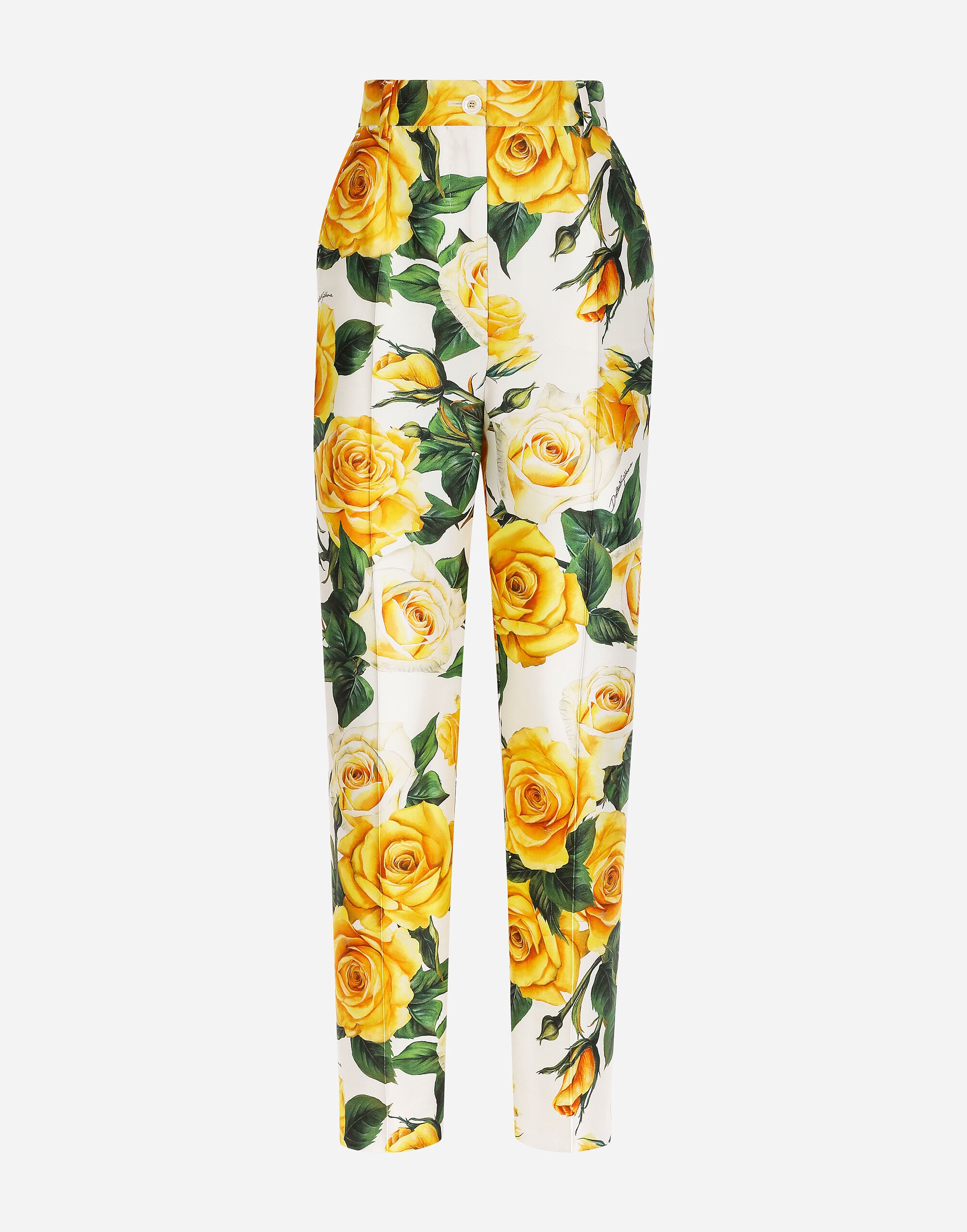 High-waisted mikado pants with yellow rose print - 1