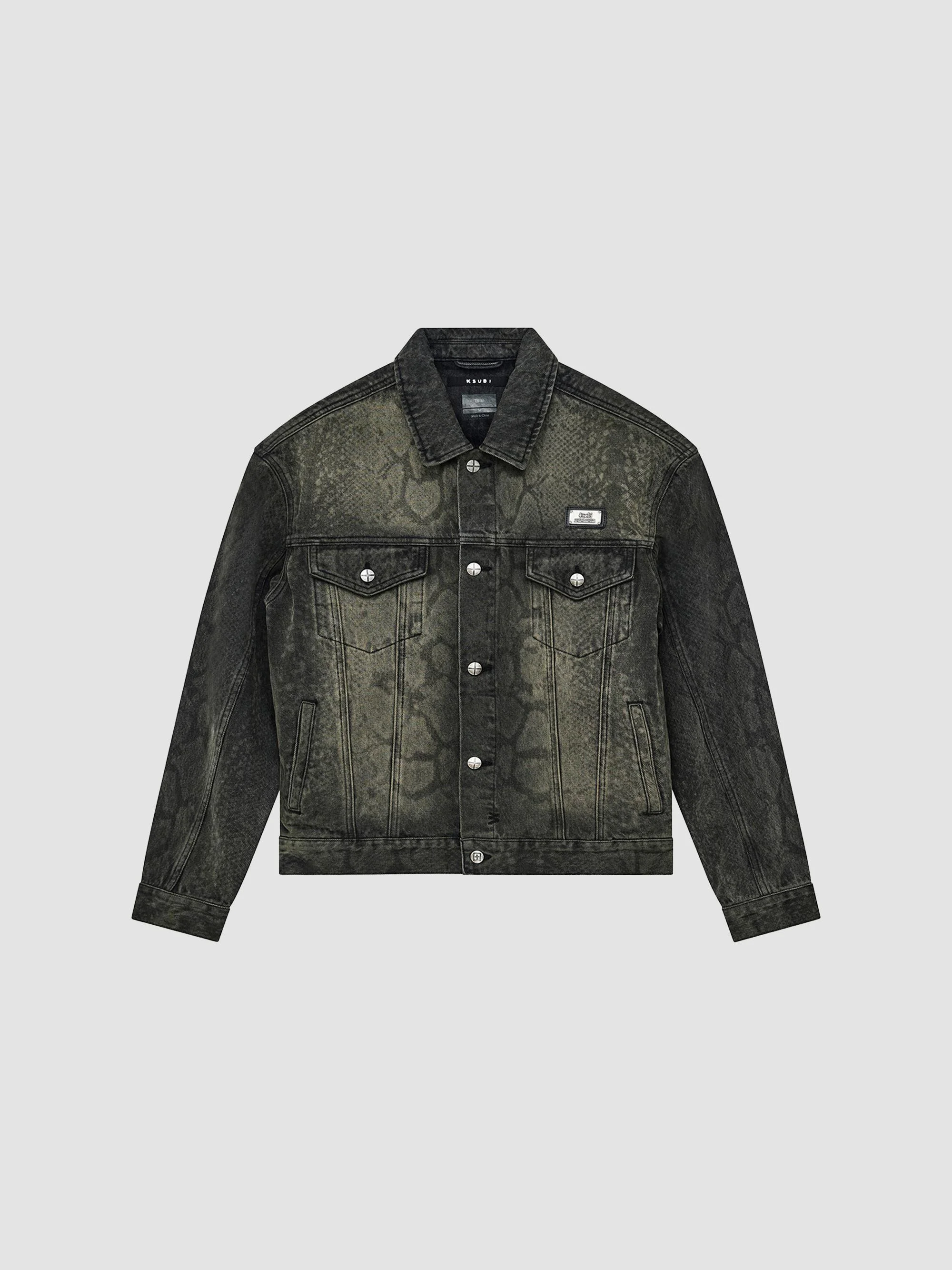 Men's Serpent Flocked Denim Trucker Jacket - Black - 1