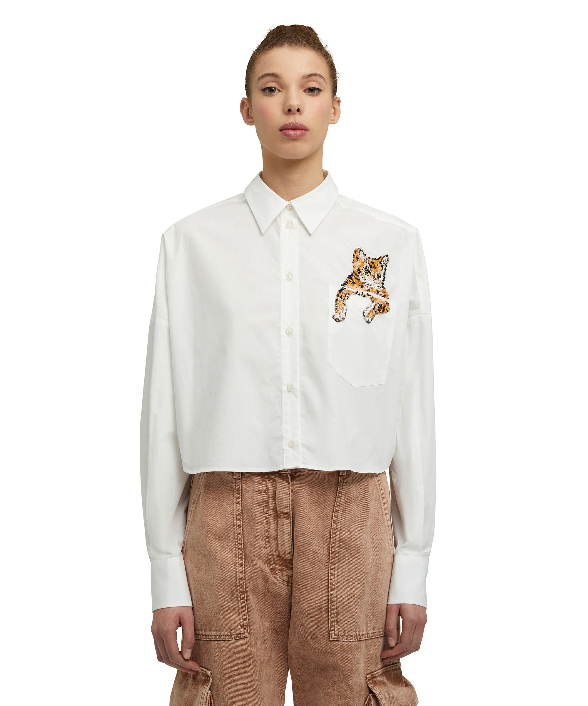 Poplin cotton crop top shirt with emblem - 2