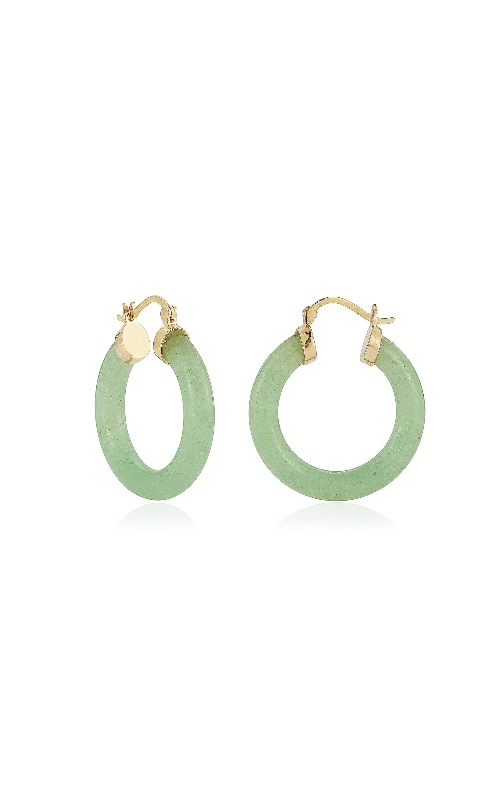 14K Yellow Gold Jade Hoop Earrings lime green - 1
