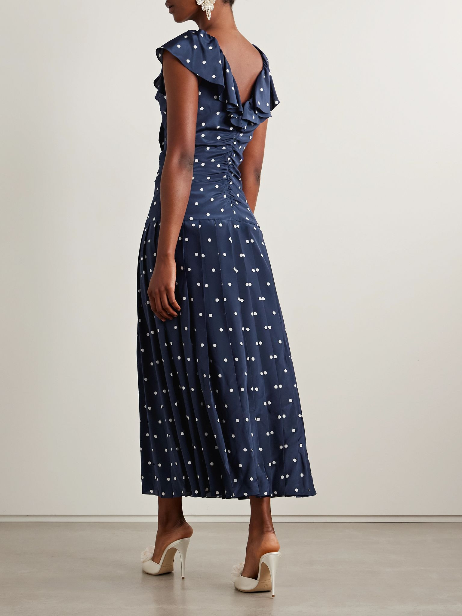 Pleated gathered polka-dot silk crepe de chine midi dress Navy - 3