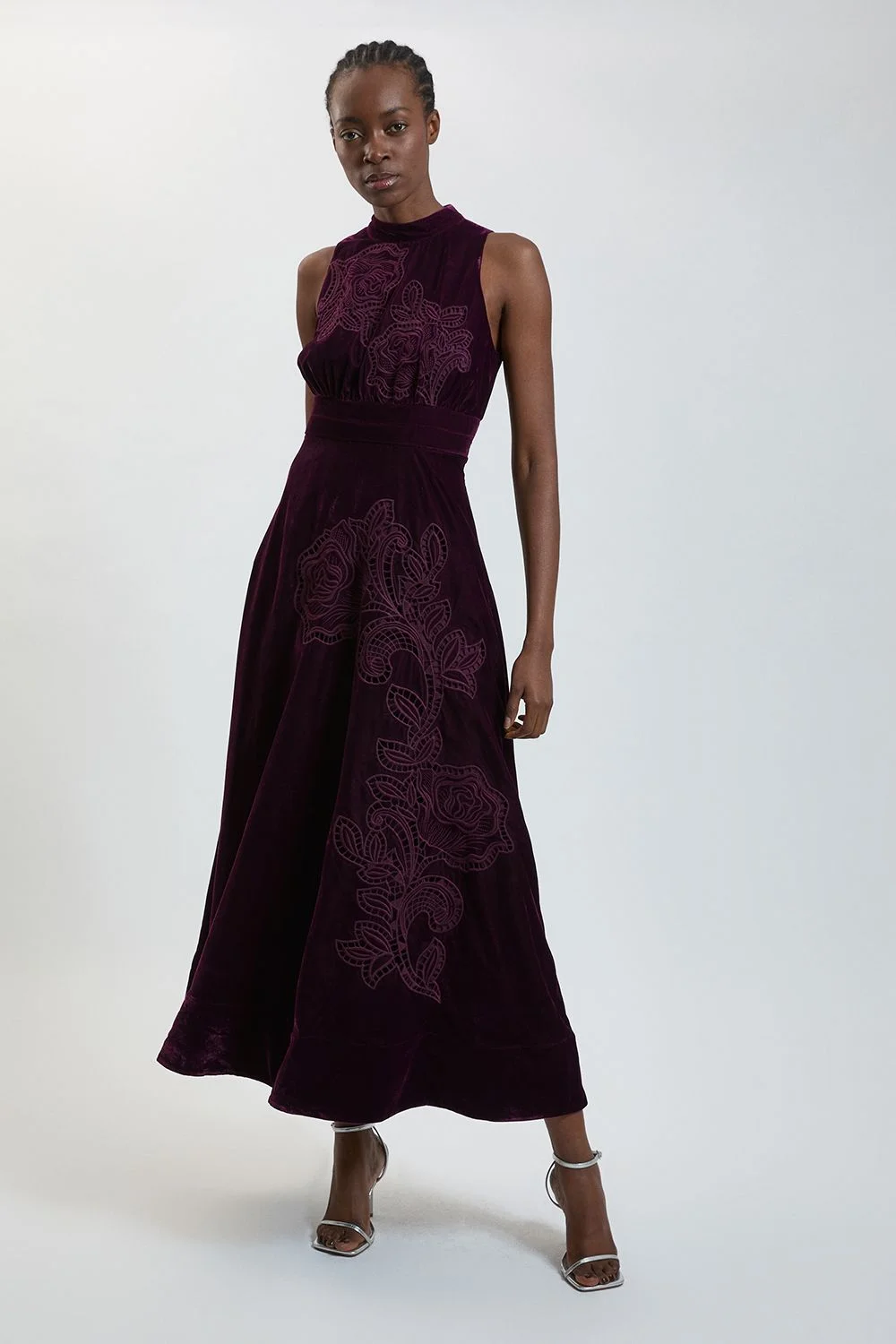 Velvet Embroidered Cutwork Sleeveless Midi Dress - 1