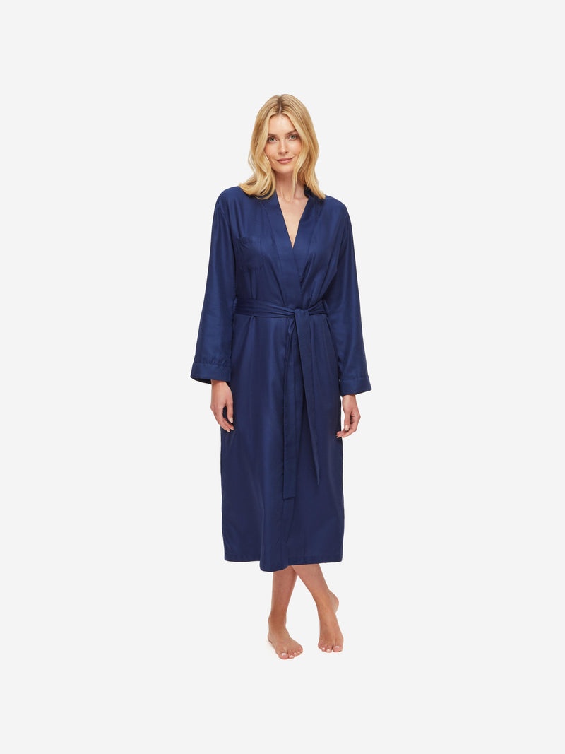 Women's Long Dressing Gown Lombard 6 Cotton Jacquard Navy - 3