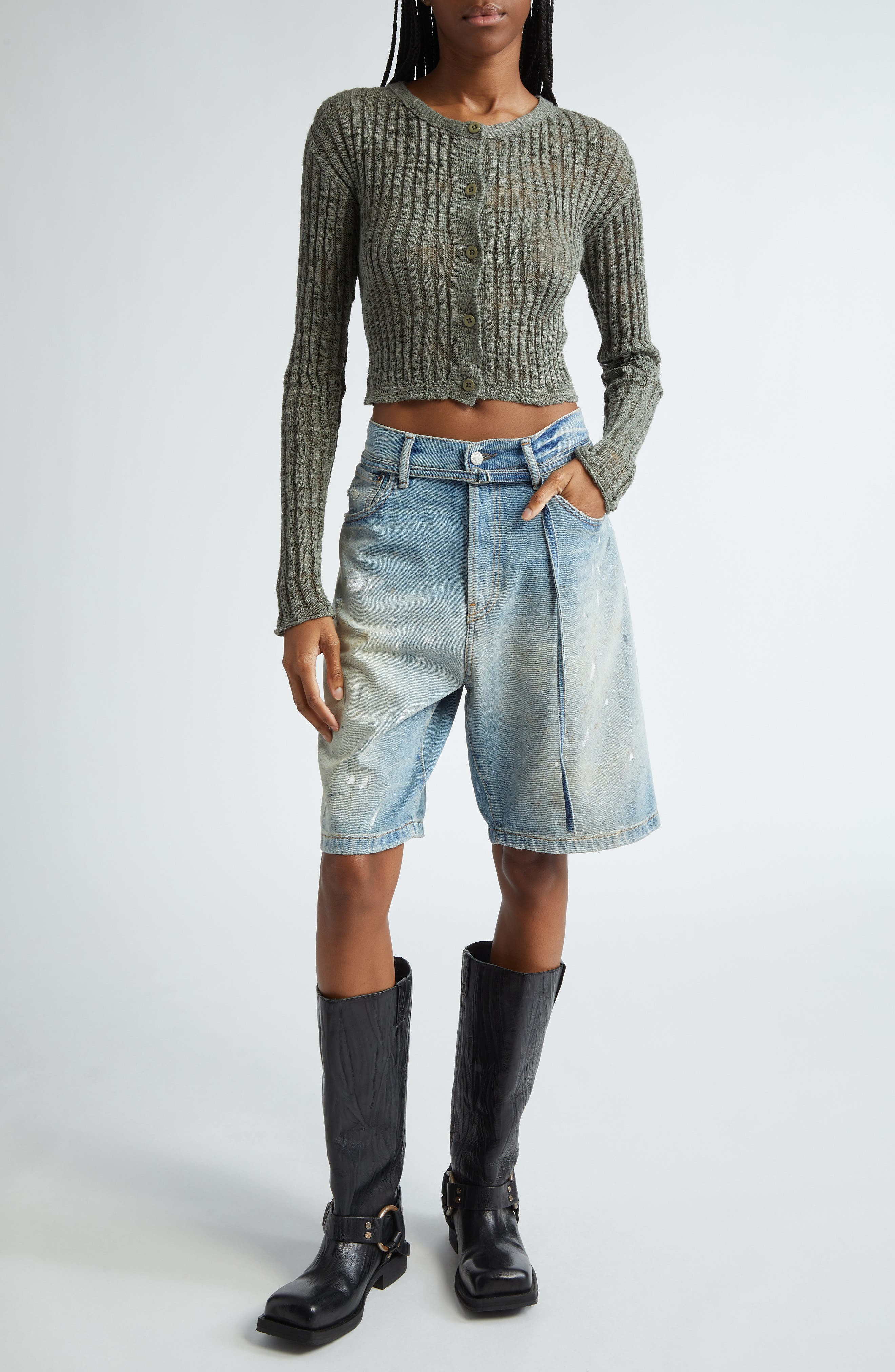 Acne Studios Kiko Rib Linen Blend Cardigan in Seagrass Green at Nordstrom - 2