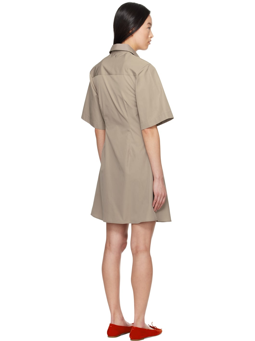 Taupe Cotton Short Sleeve Shirt Minidress - 3