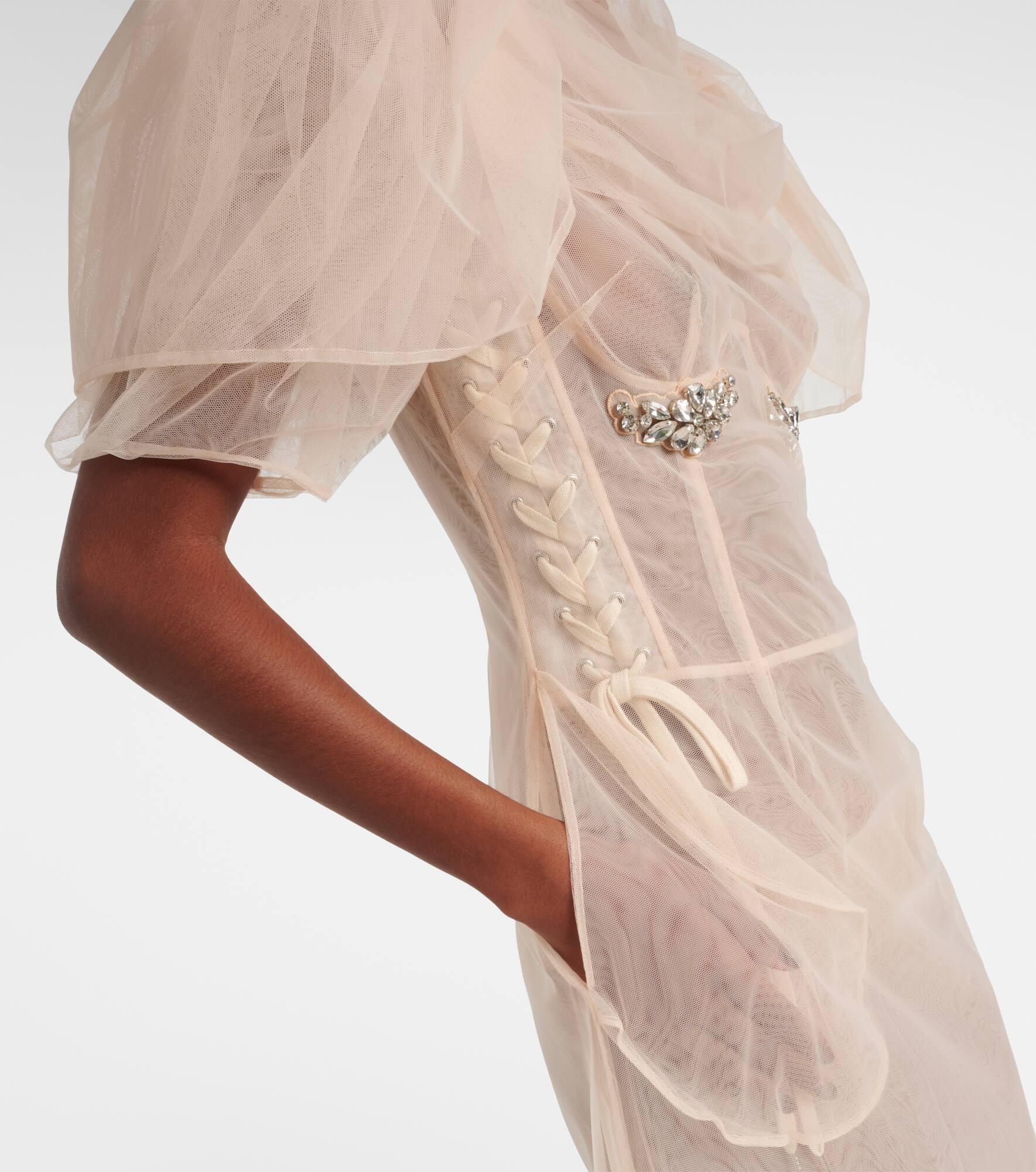 Embellished ruched mesh midi dress - 5
