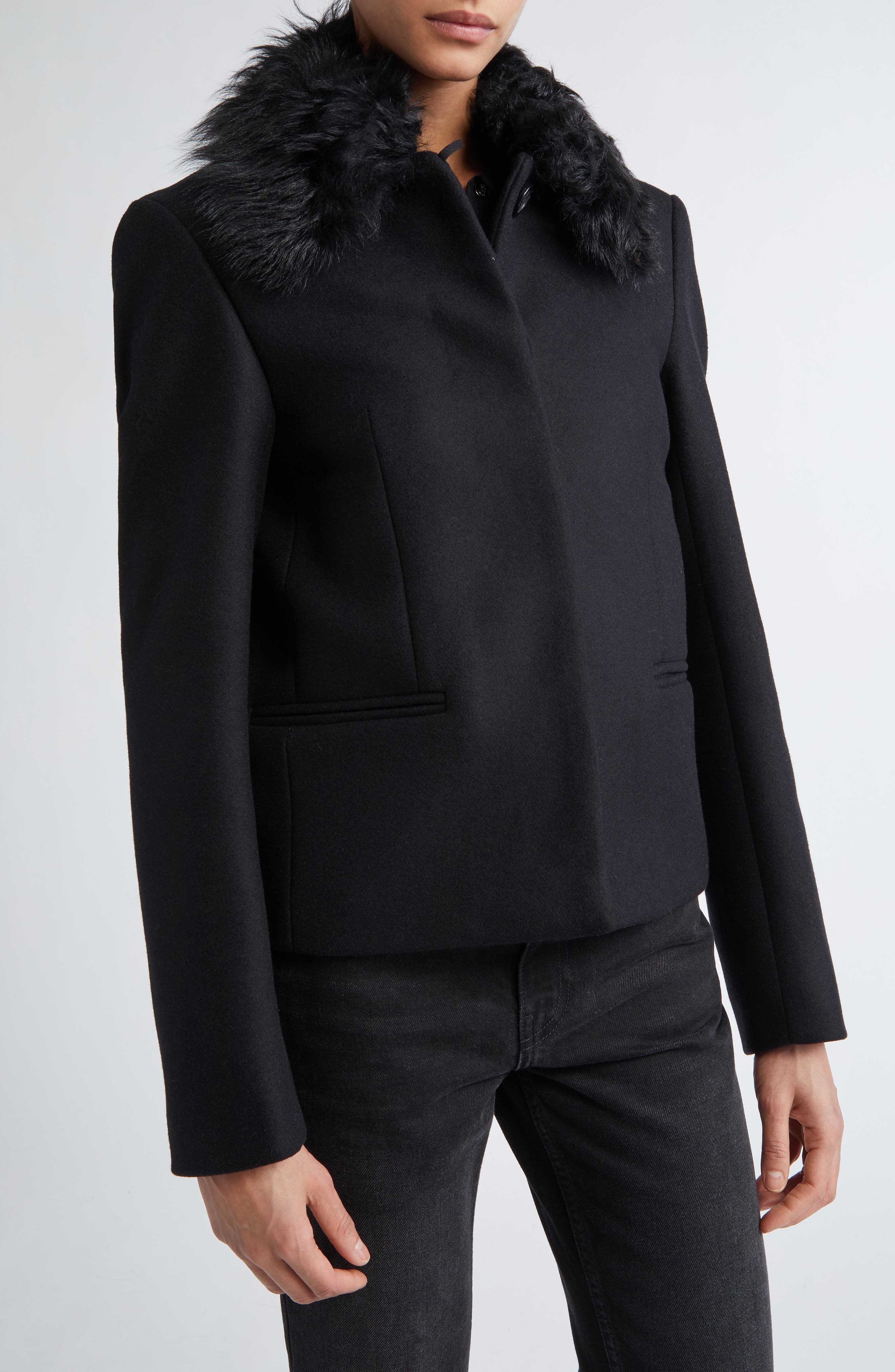 TOTEME Wool Blend Jacket with Removable Genuine Shearling Collar in Black at Nordstrom - 5