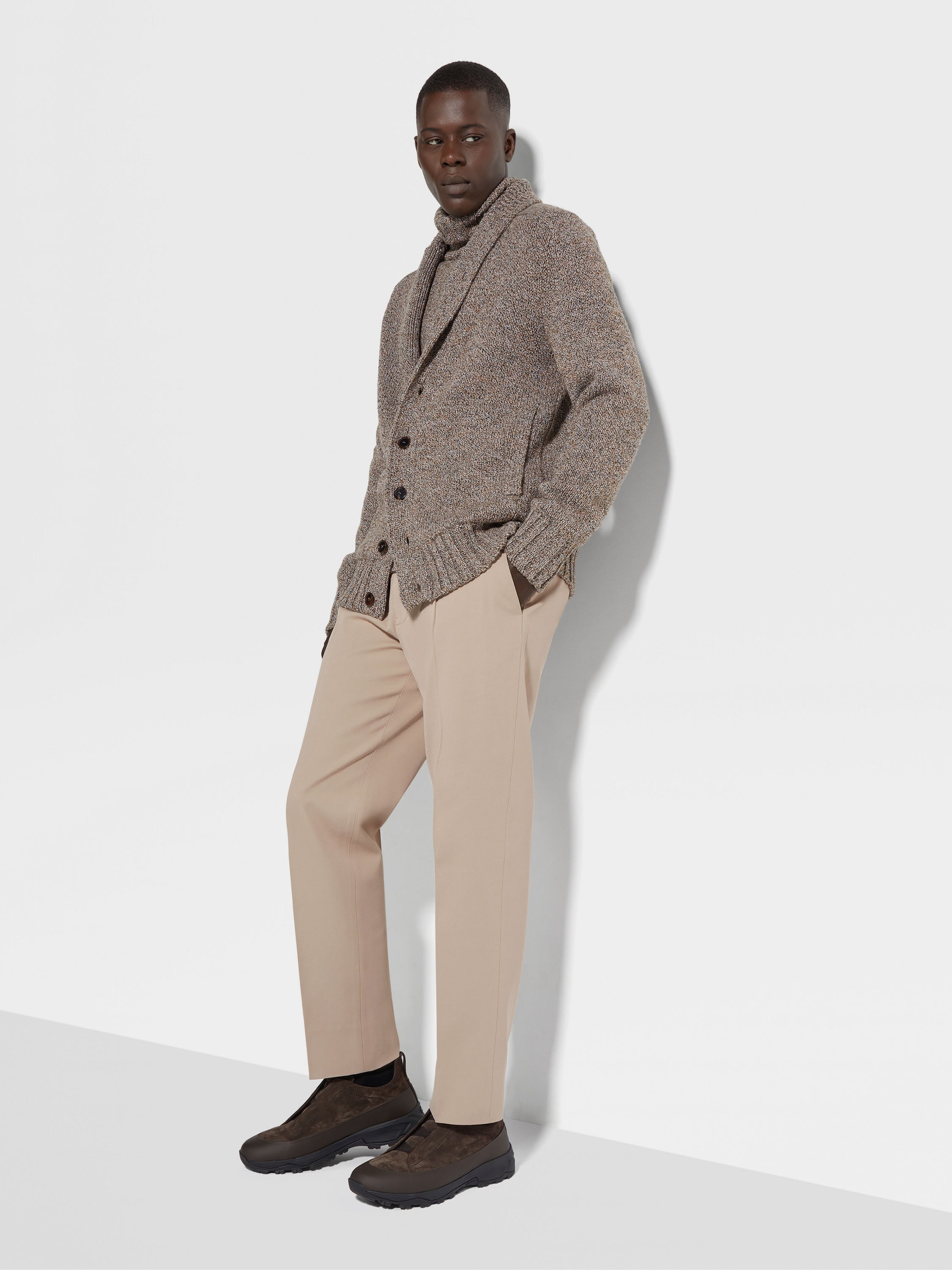 LIGHT TAUPE COTTON AND WOOL PANTS - 3