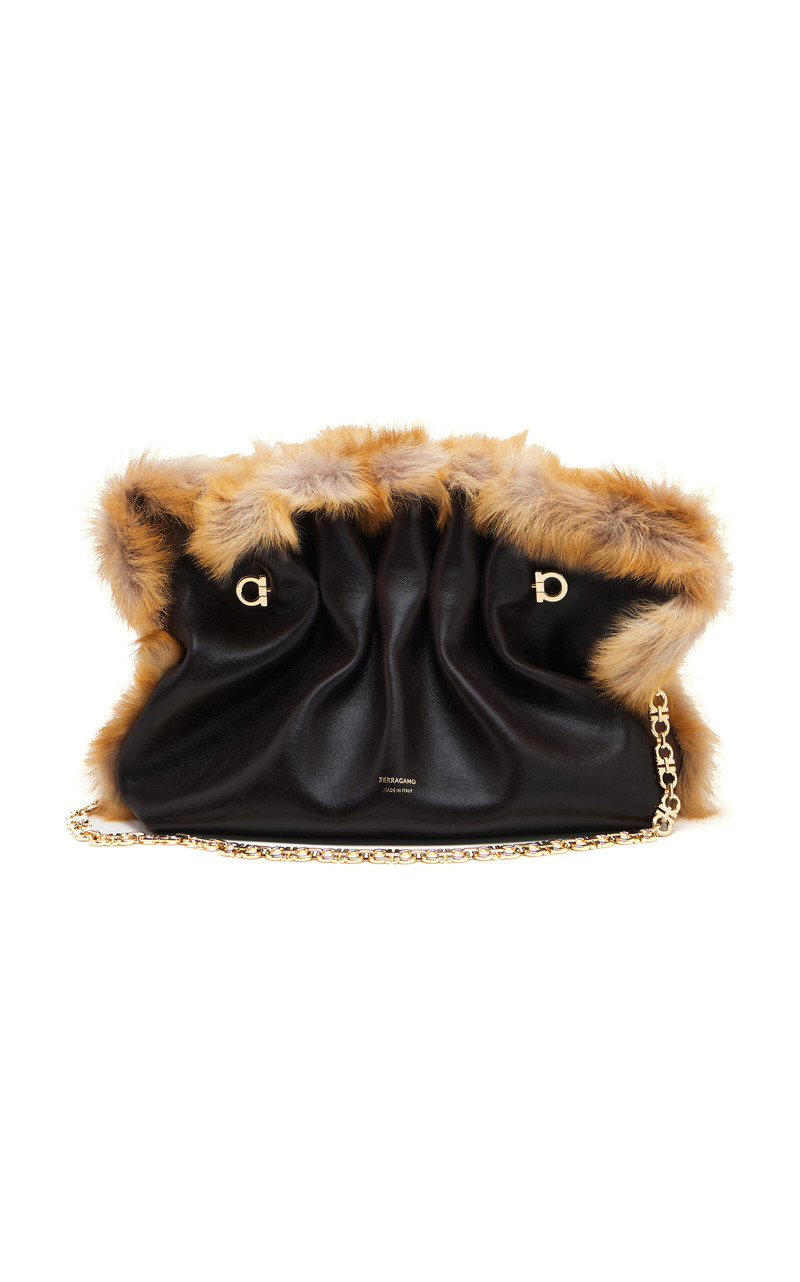 Soft Medium Shearling-Trimmed Leather Shoulder Bag black 5
