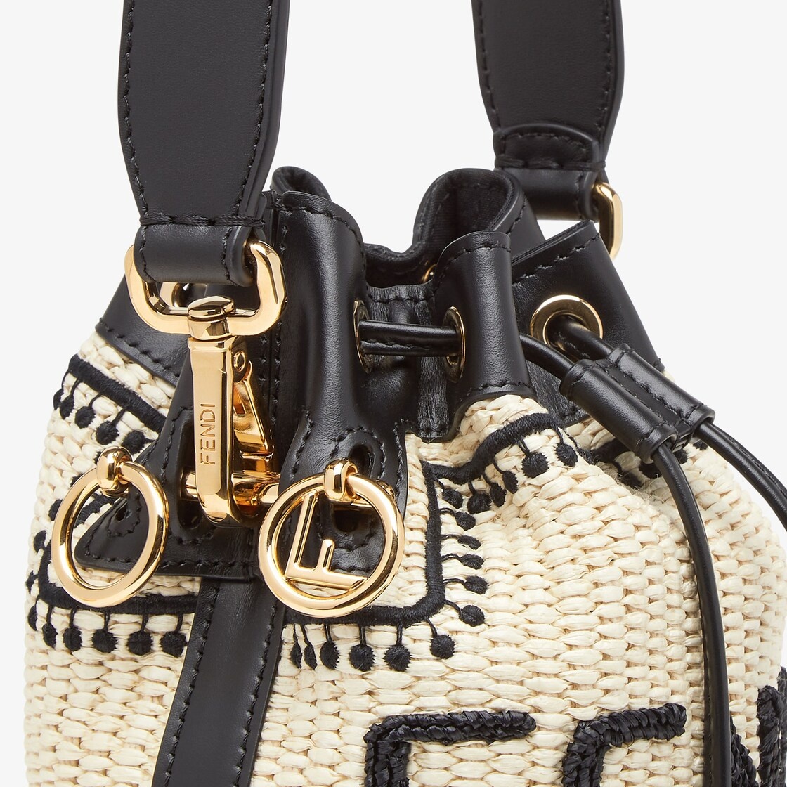 Small Mon Tresor bucket bag made of natural-colored woven straw with a moss-stitch effect, with blac - 5