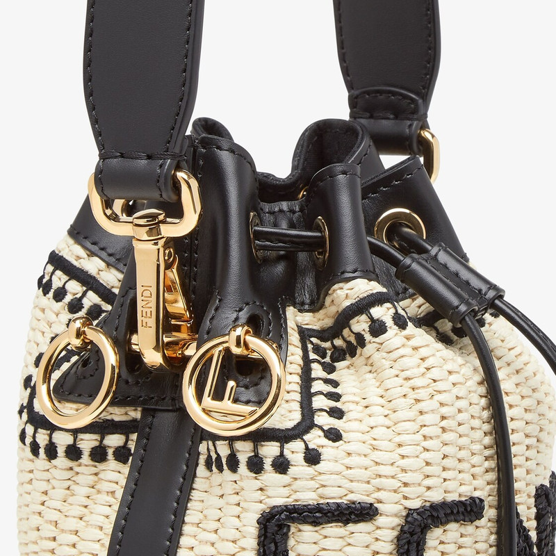 Small Mon Tresor bucket bag made of natural-colored woven straw with a moss-stitch effect, with blac 5