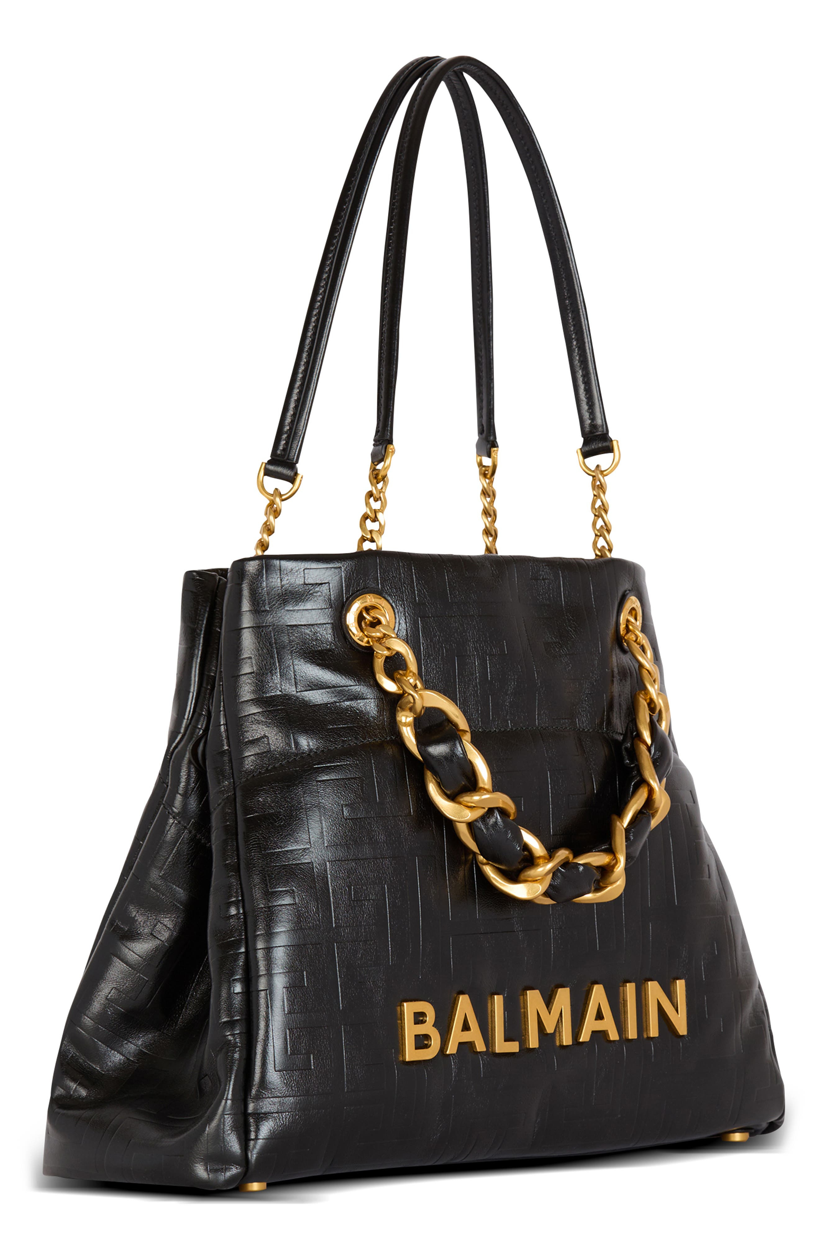 Balmain 1945 Monogram Embossed Soft Leather Tote in 0Pa Black at Nordstrom - 4