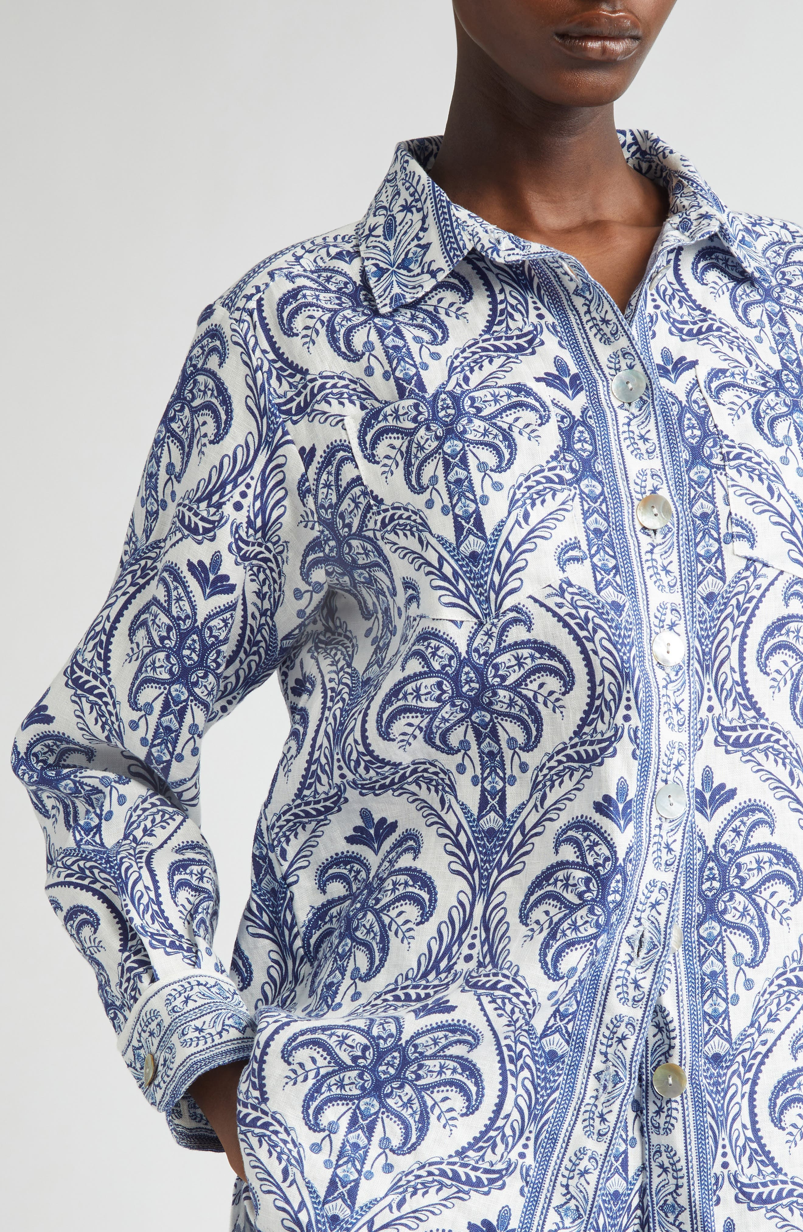 FARM Rio Tropical Print Linen Blend Button-Up Shirt in Off-White at Nordstrom - 5