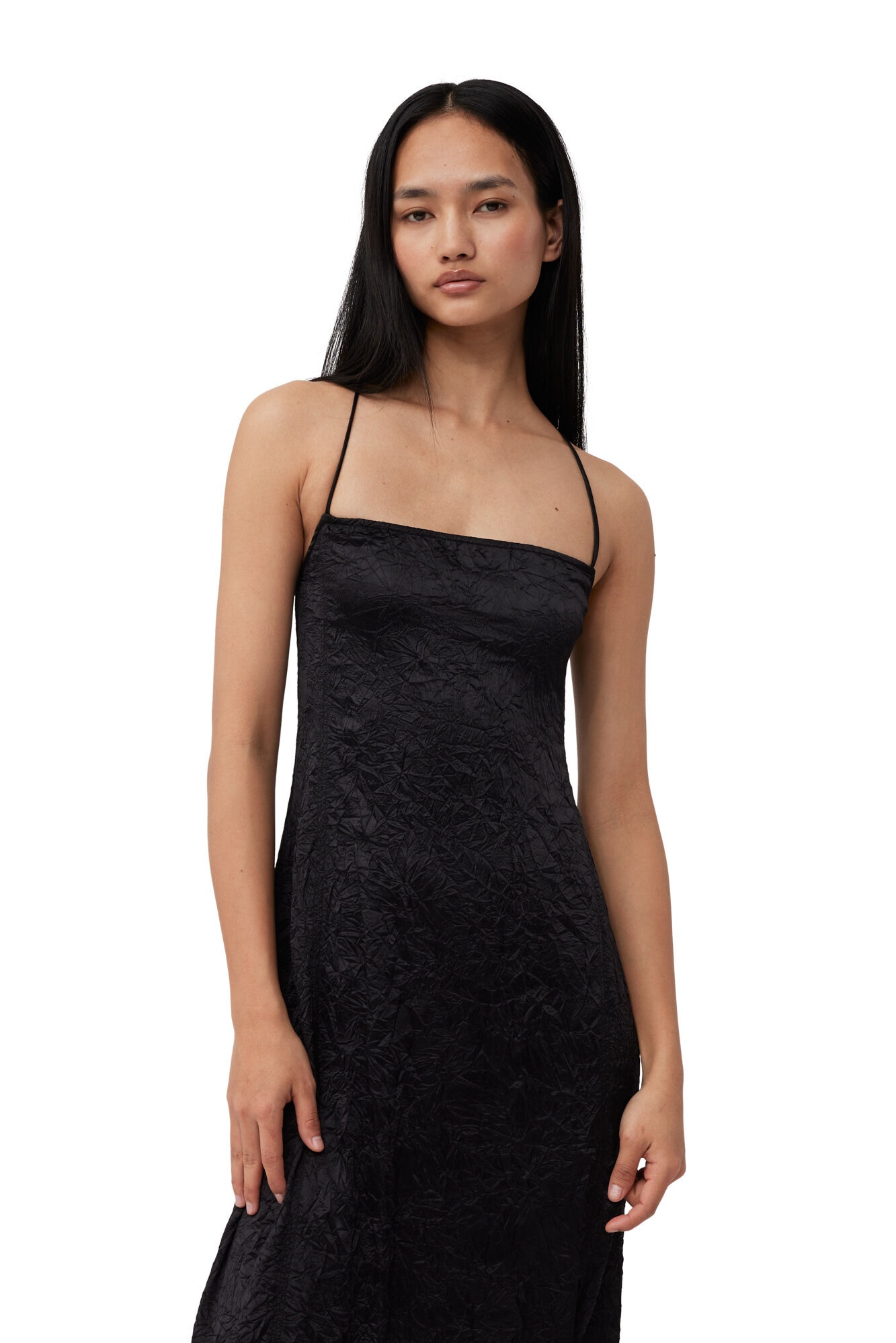 BLACK CRINKLED SATIN MIDI SLIP DRESS - 5