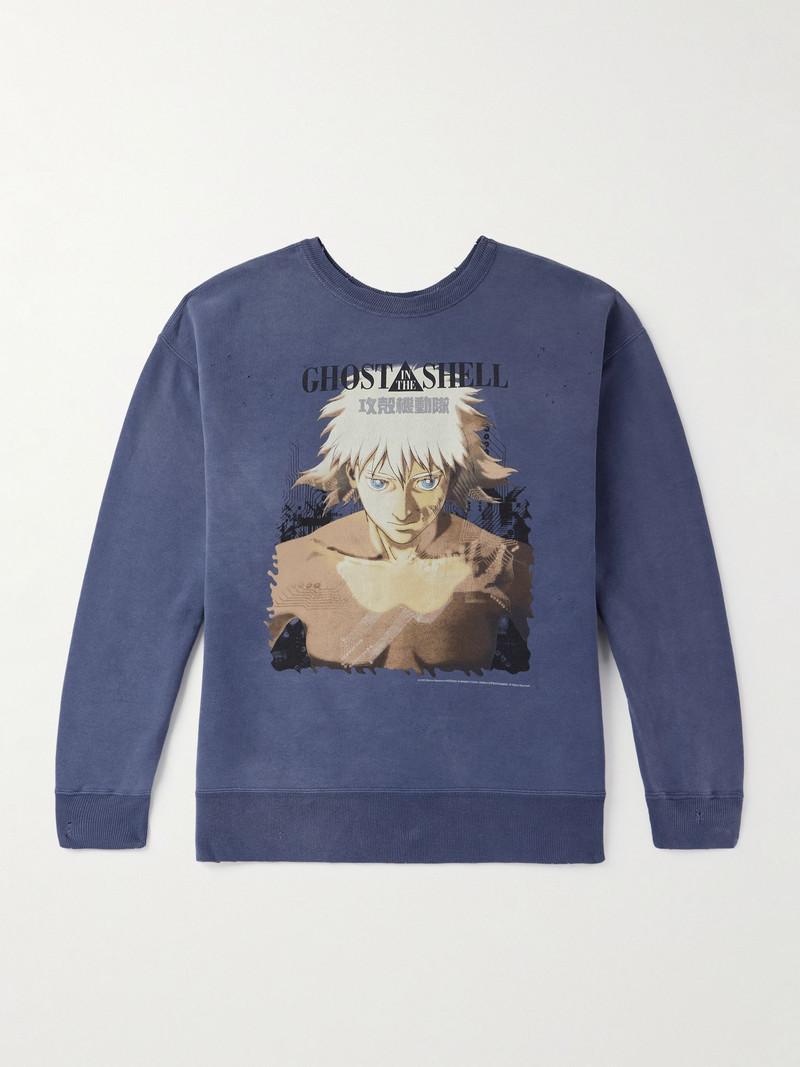 + Ghost in the Shell Distressed Printed Cotton-Jersey Sweatshirt Navy 1