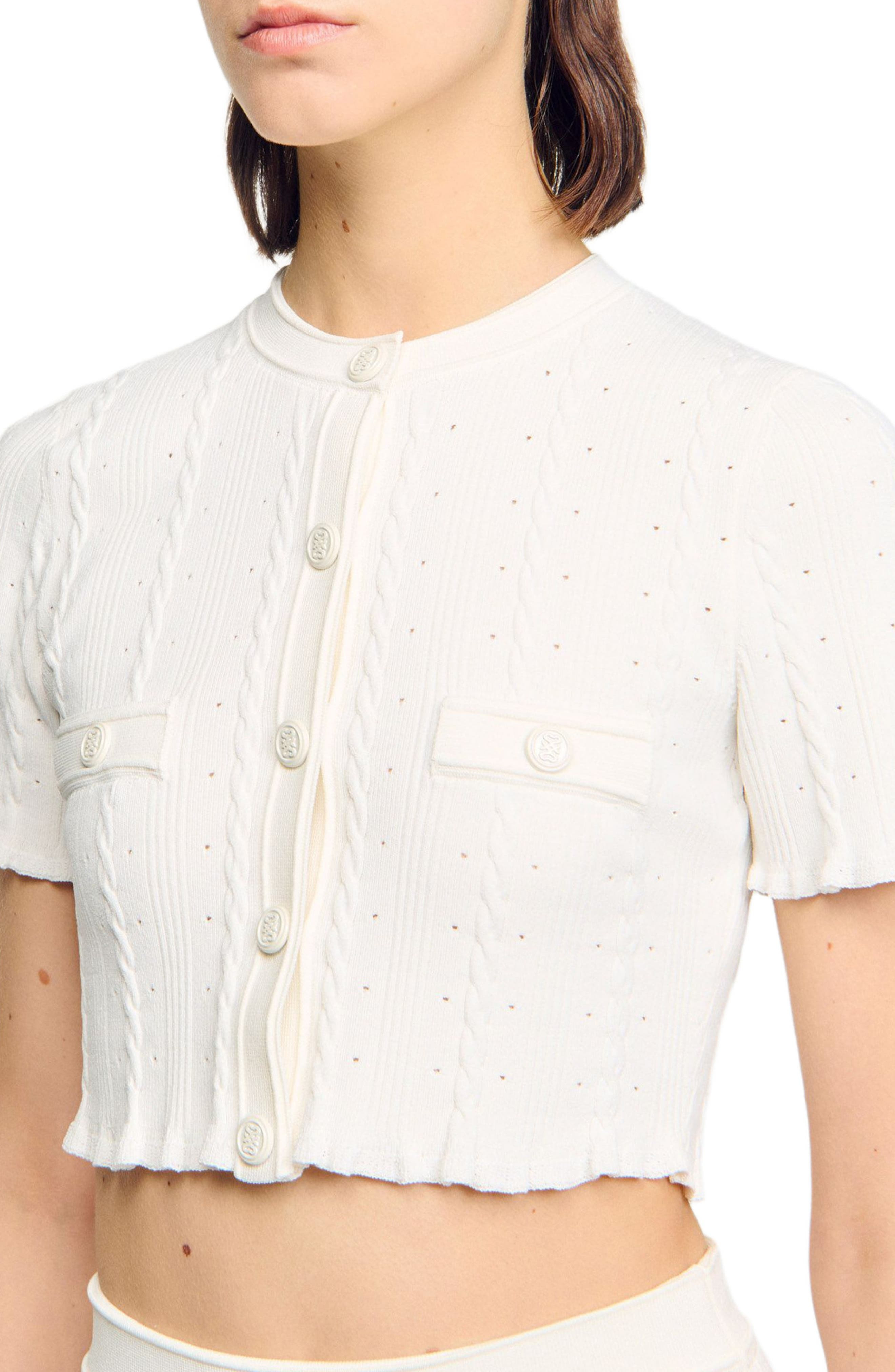 SANDRO Cropped pointelle knit cardigan in Ecru at Nordstrom - 4