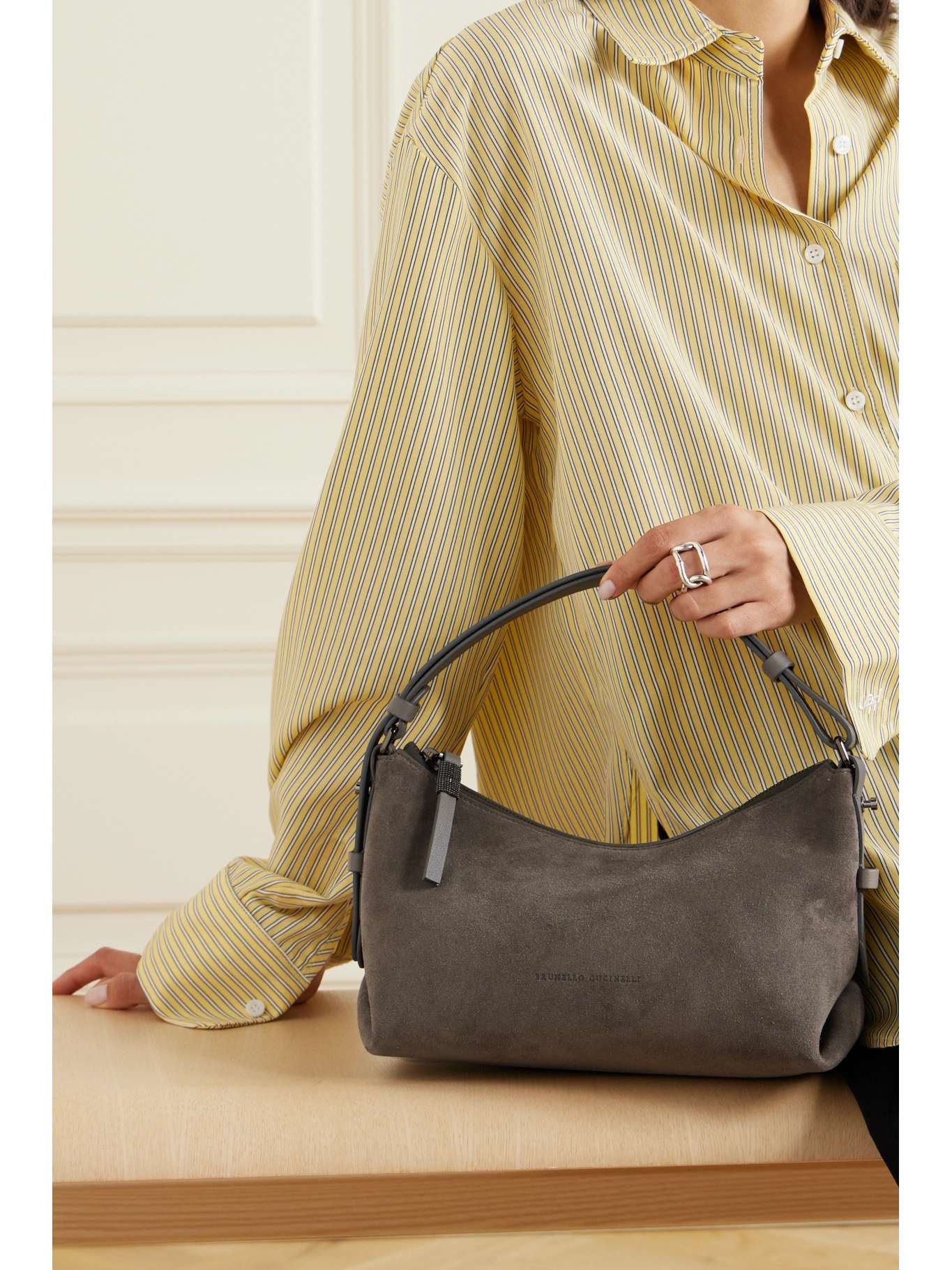 Leather-trimmed suede shoulder bag - 2