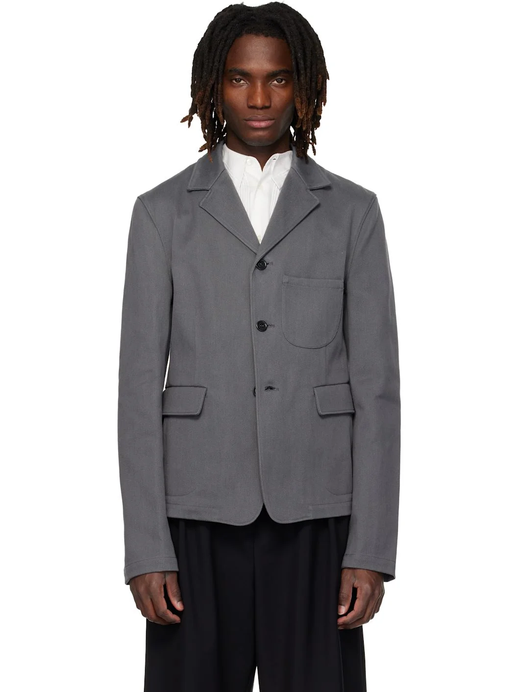 Gray Notched Lapel Denim Blazer - 1