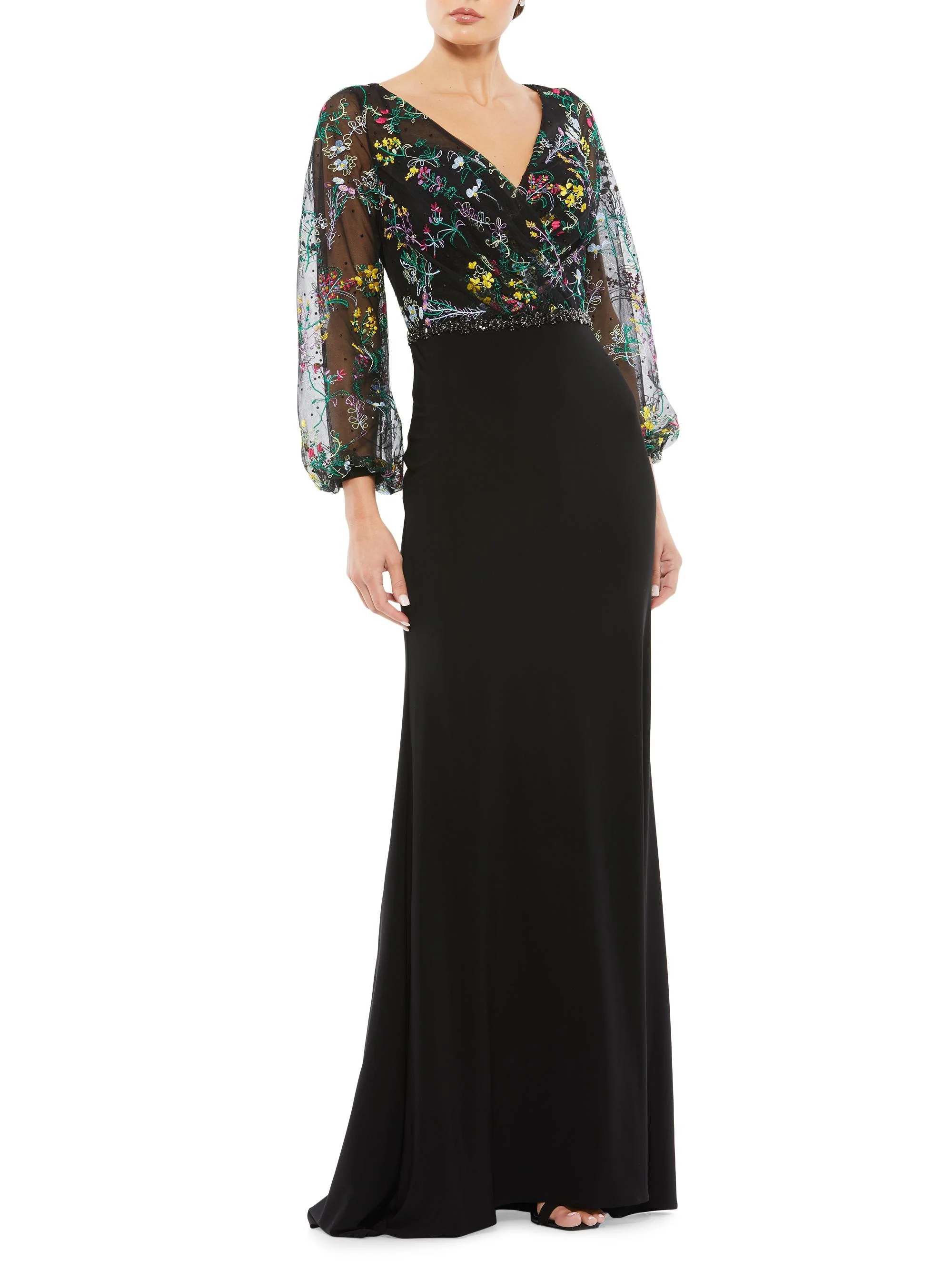Women's Embroidered Puff-Sleeve Gown - Black Multi - 1
