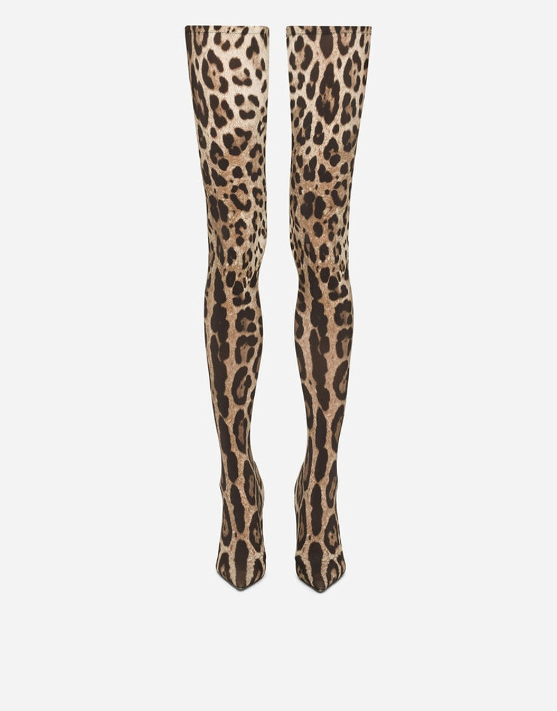 Leopard-print stretch fabric thigh-high boots 1