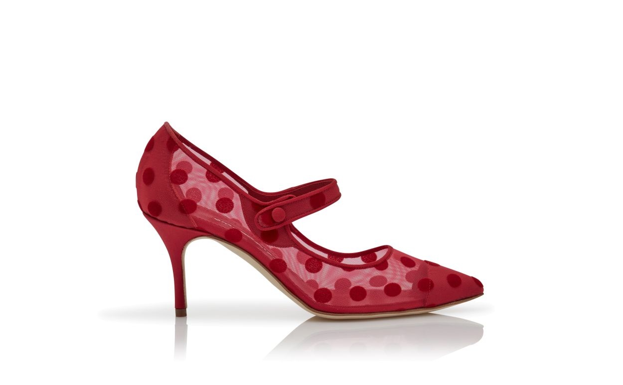 Red Mesh Polka Dot Pointed Toe Pumps - 1