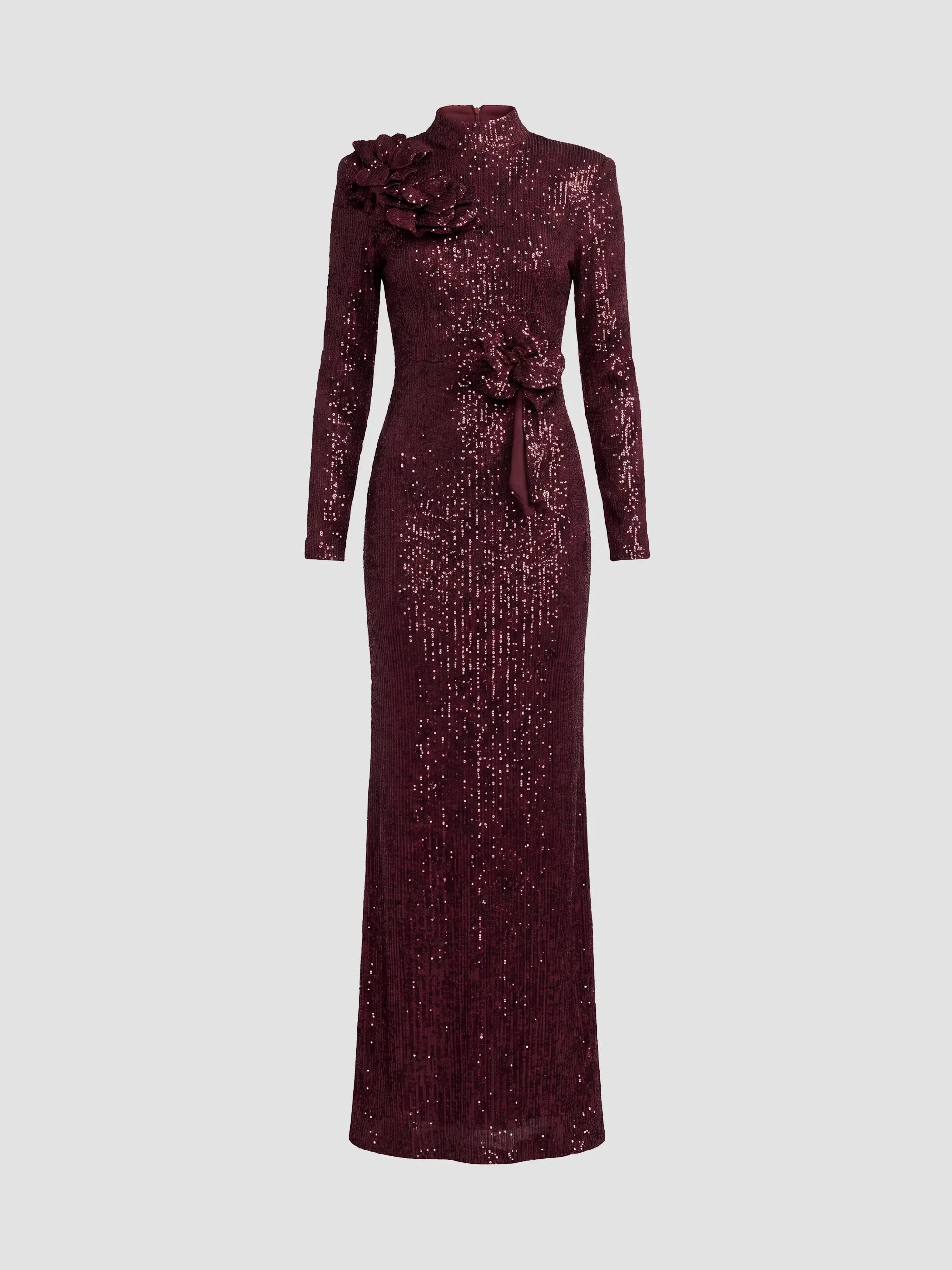 Women's Floral Sequined Mock Turtleneck Gown - Mahogany - 1