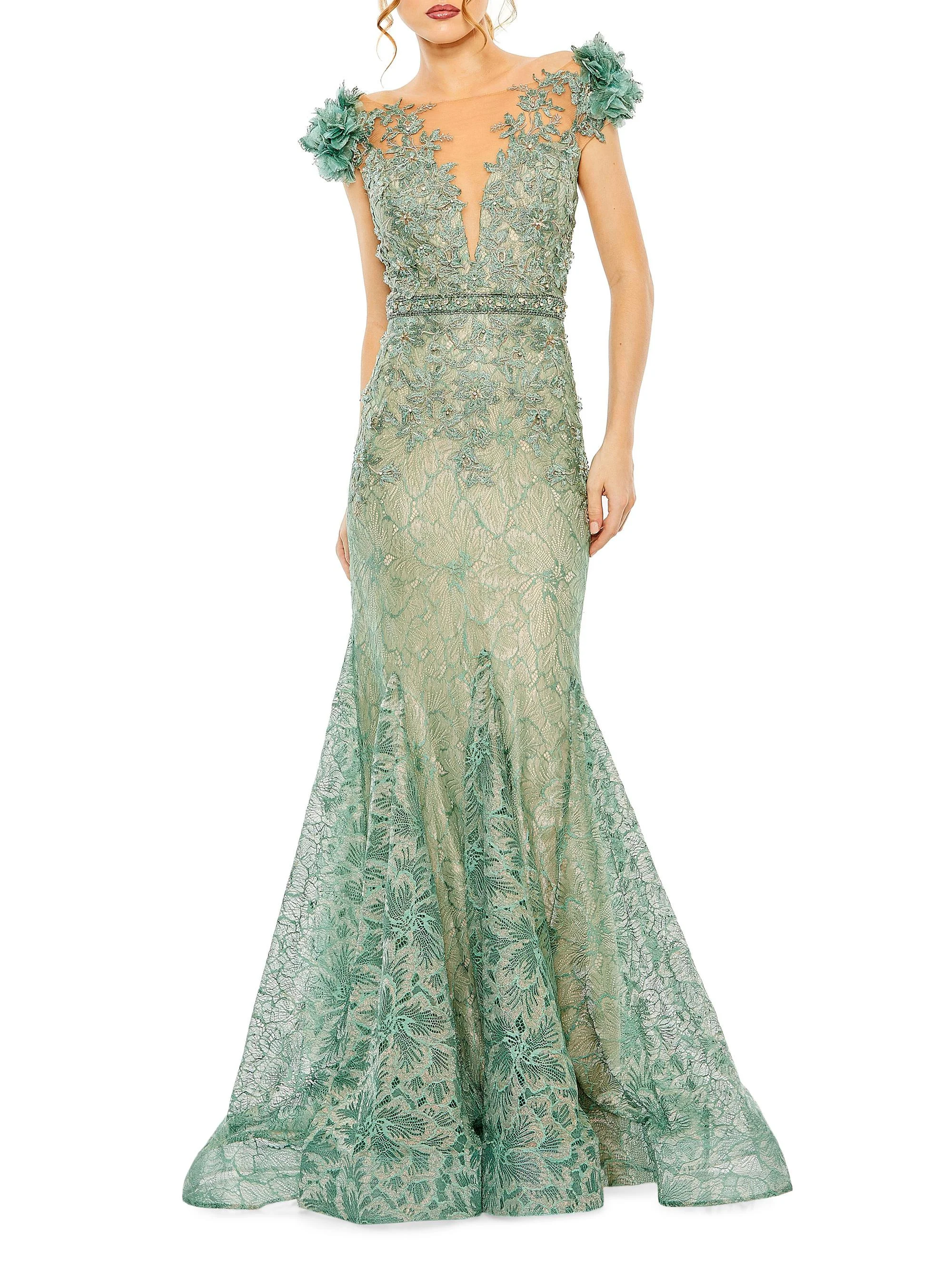 Women's Beaded Lace Gown - Sage - 1