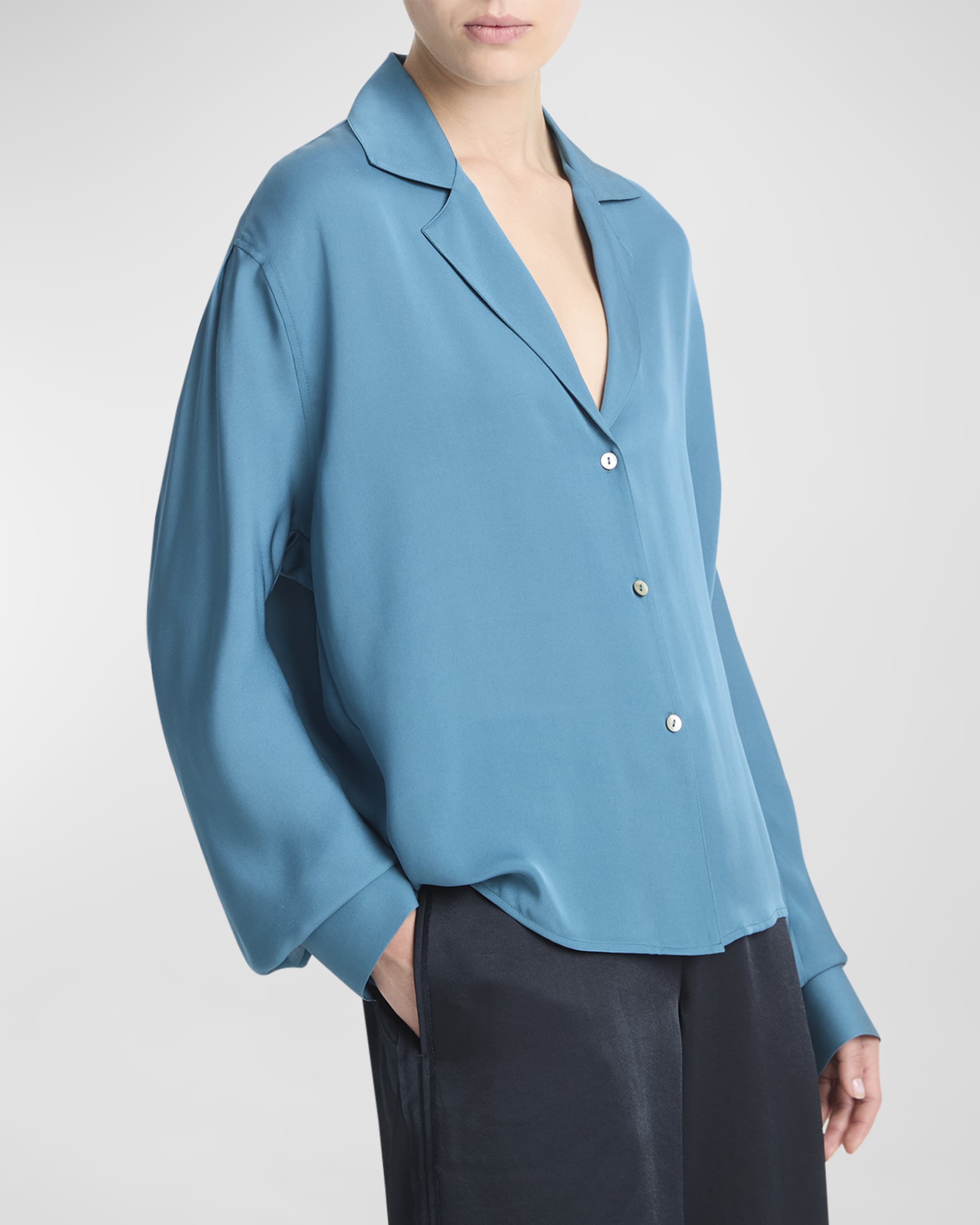 Silk Lapel-Collar Dolman-Sleeve Blouse - 1