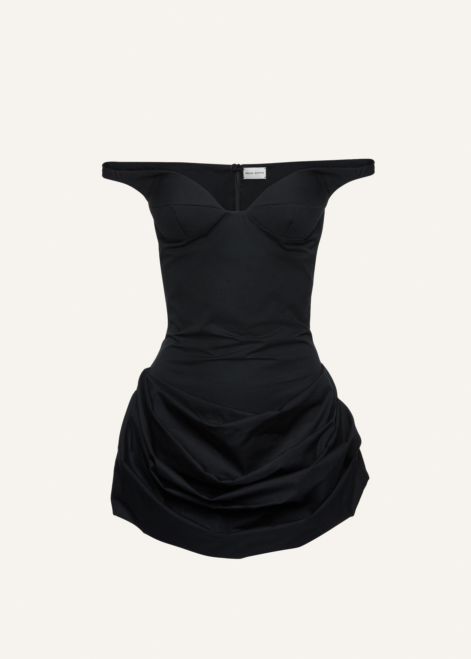 Off shoulder draped cotton mini dress in black - 1