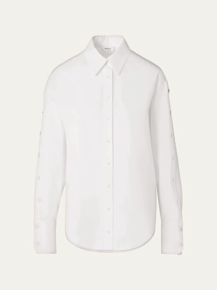 Snap-Sleeve Cotton Poplin Button-Down Blouse - 1