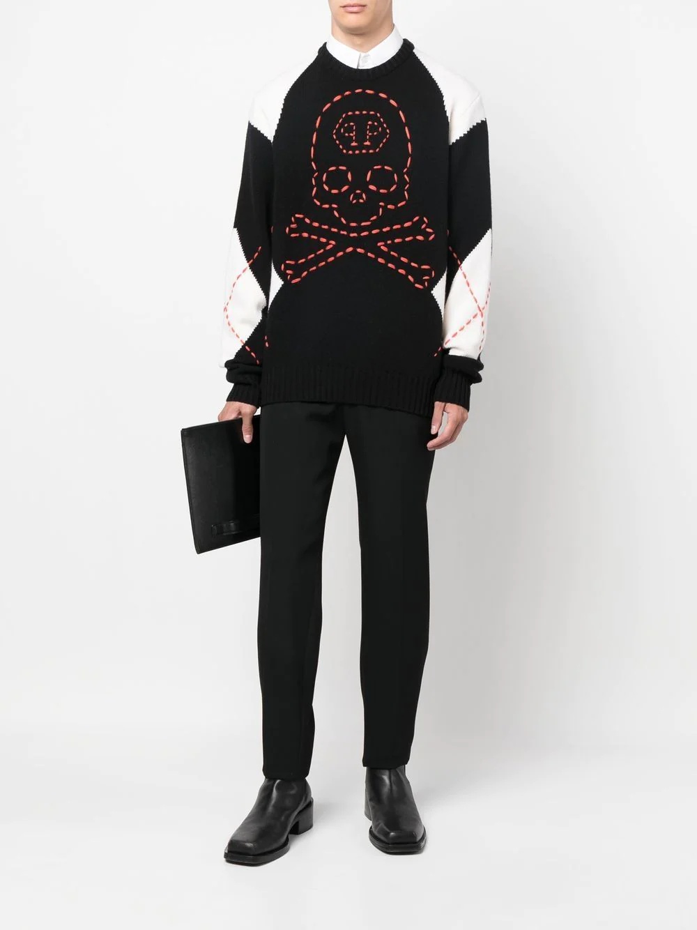 embroidered-skull crew neck sweater - 2